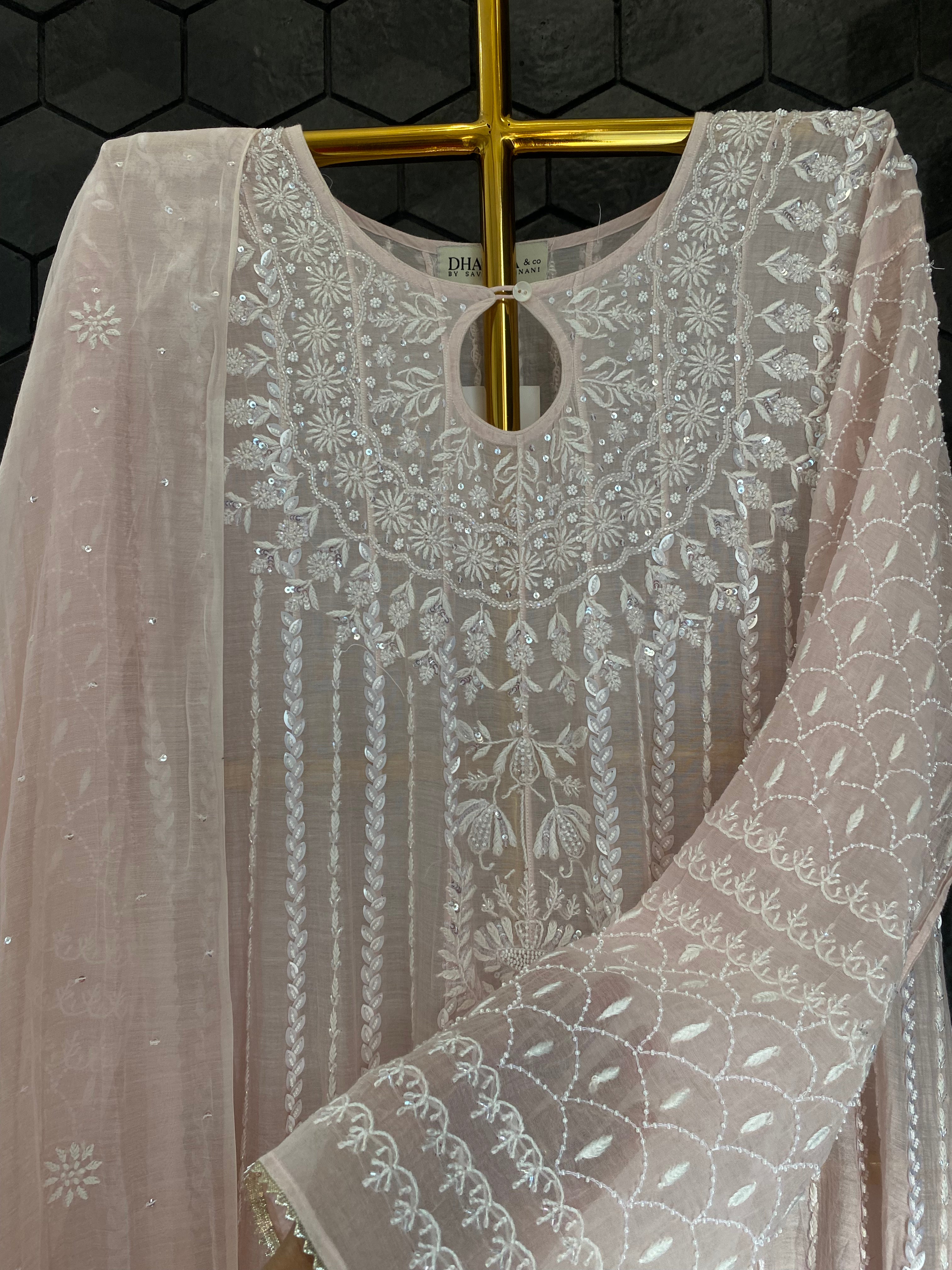 Pink Mul Chanderi Chikankari Anarkali Set