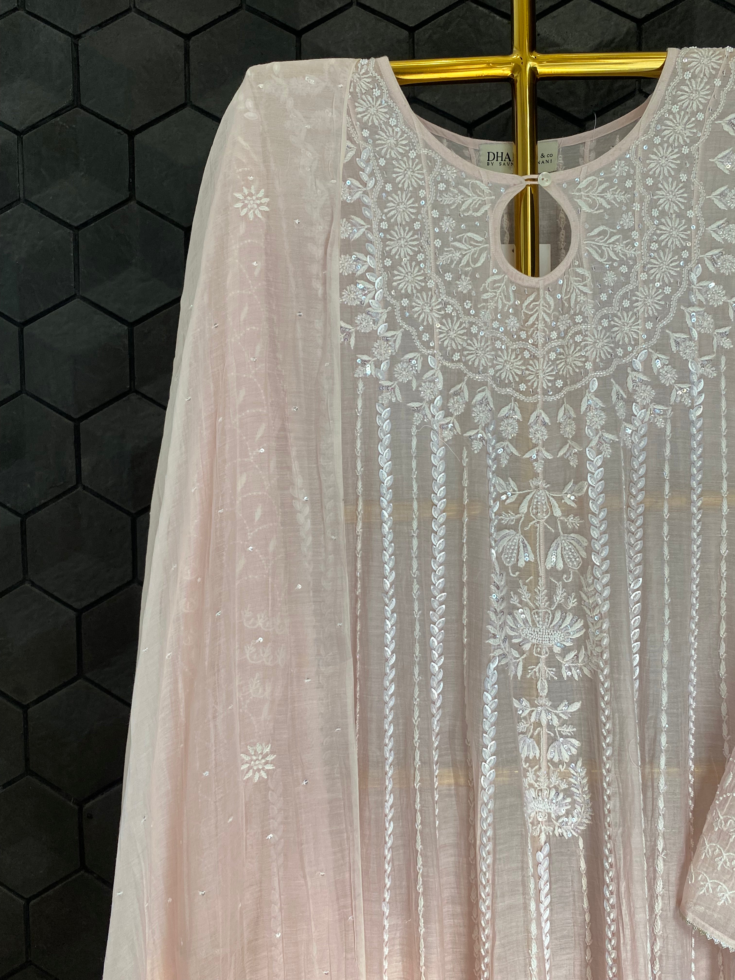 Pink Mul Chanderi Chikankari Anarkali Set