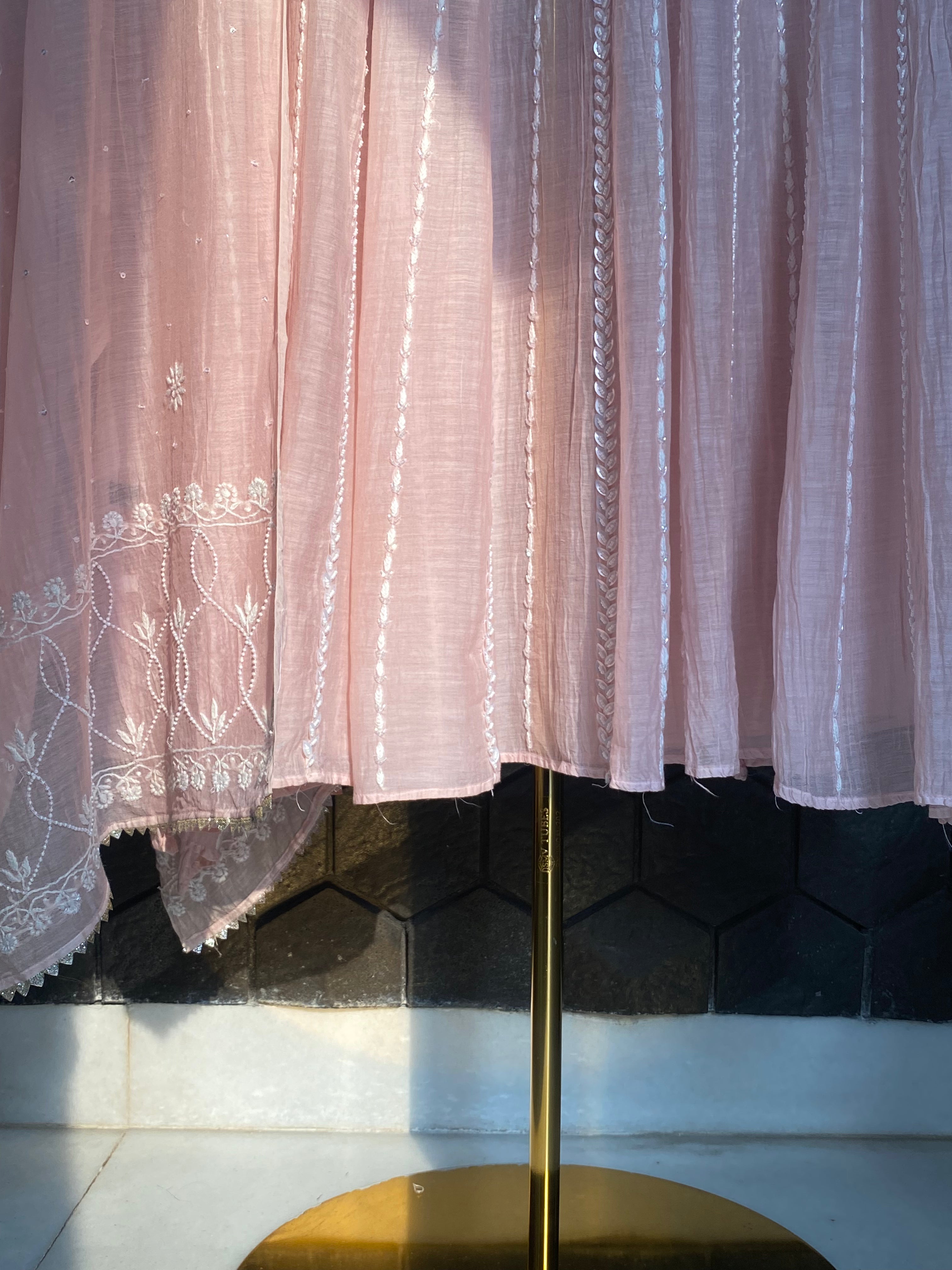 Pink Mul Chanderi Chikankari Anarkali Set