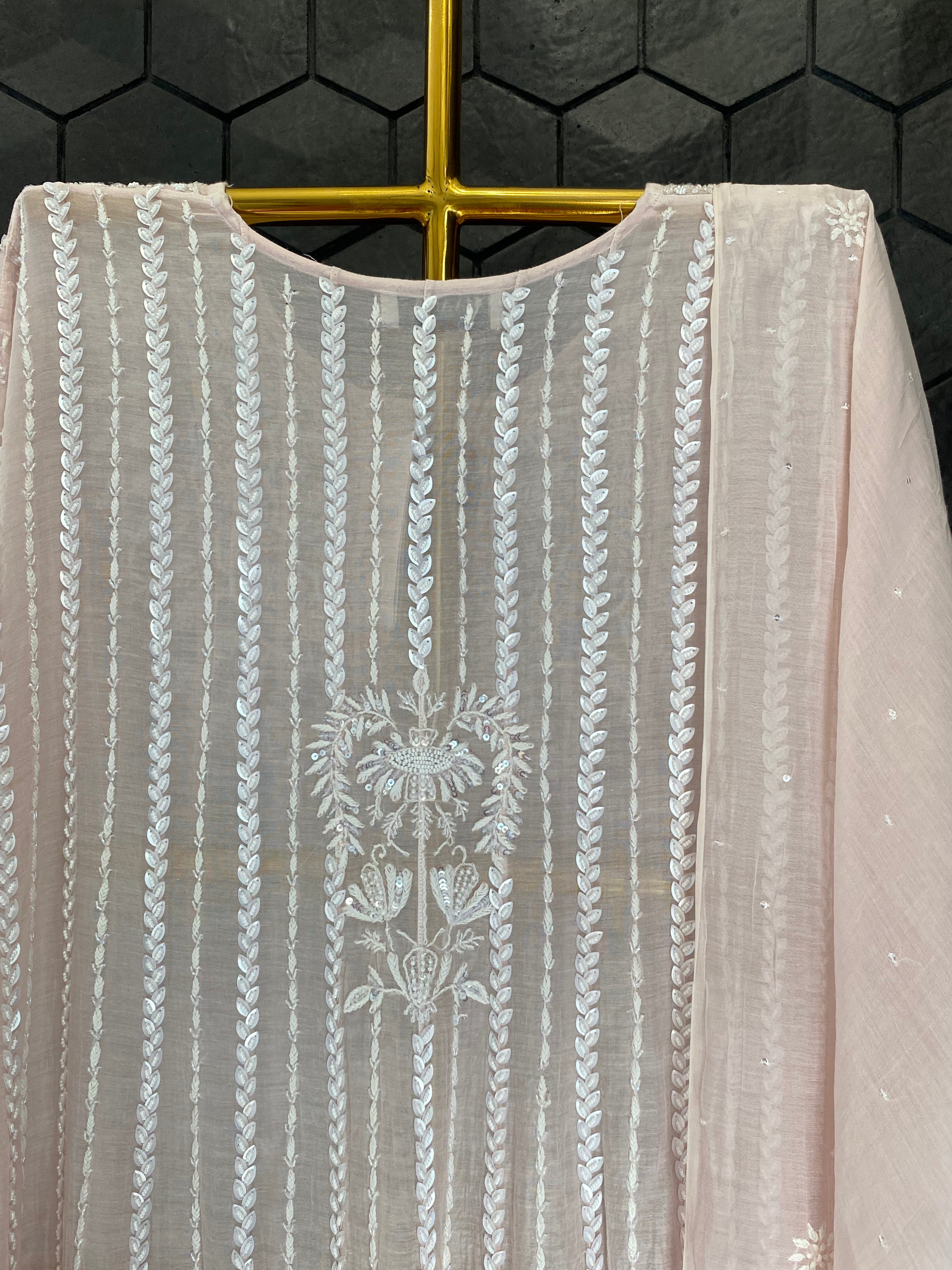 Pink Mul Chanderi Chikankari Anarkali Set