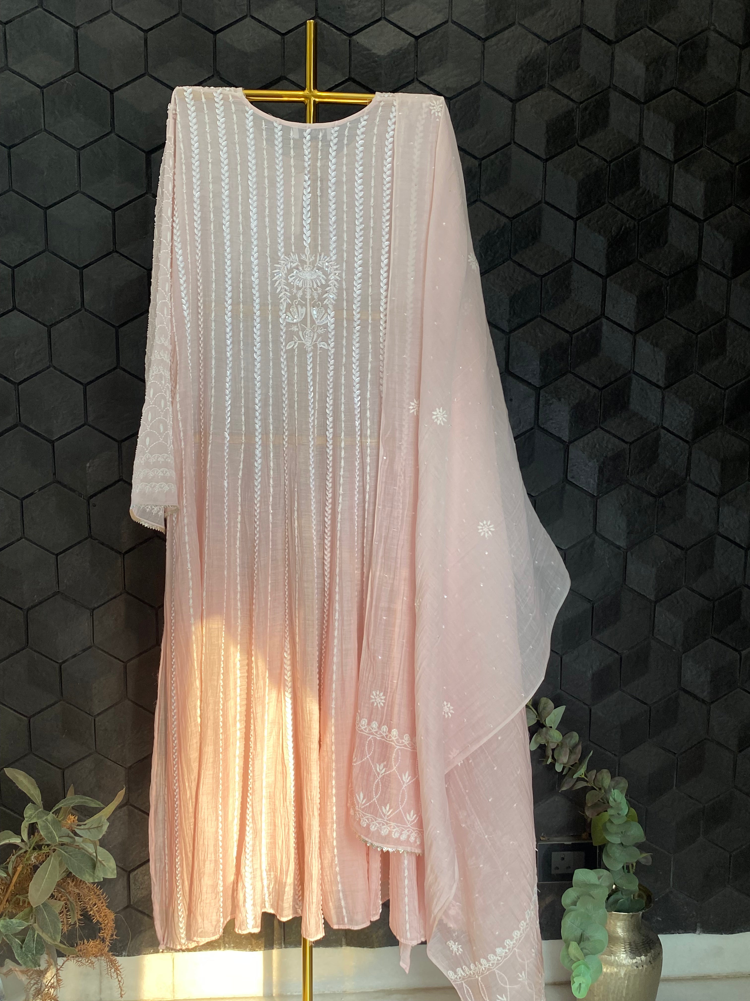 Pink Mul Chanderi Chikankari Anarkali Set