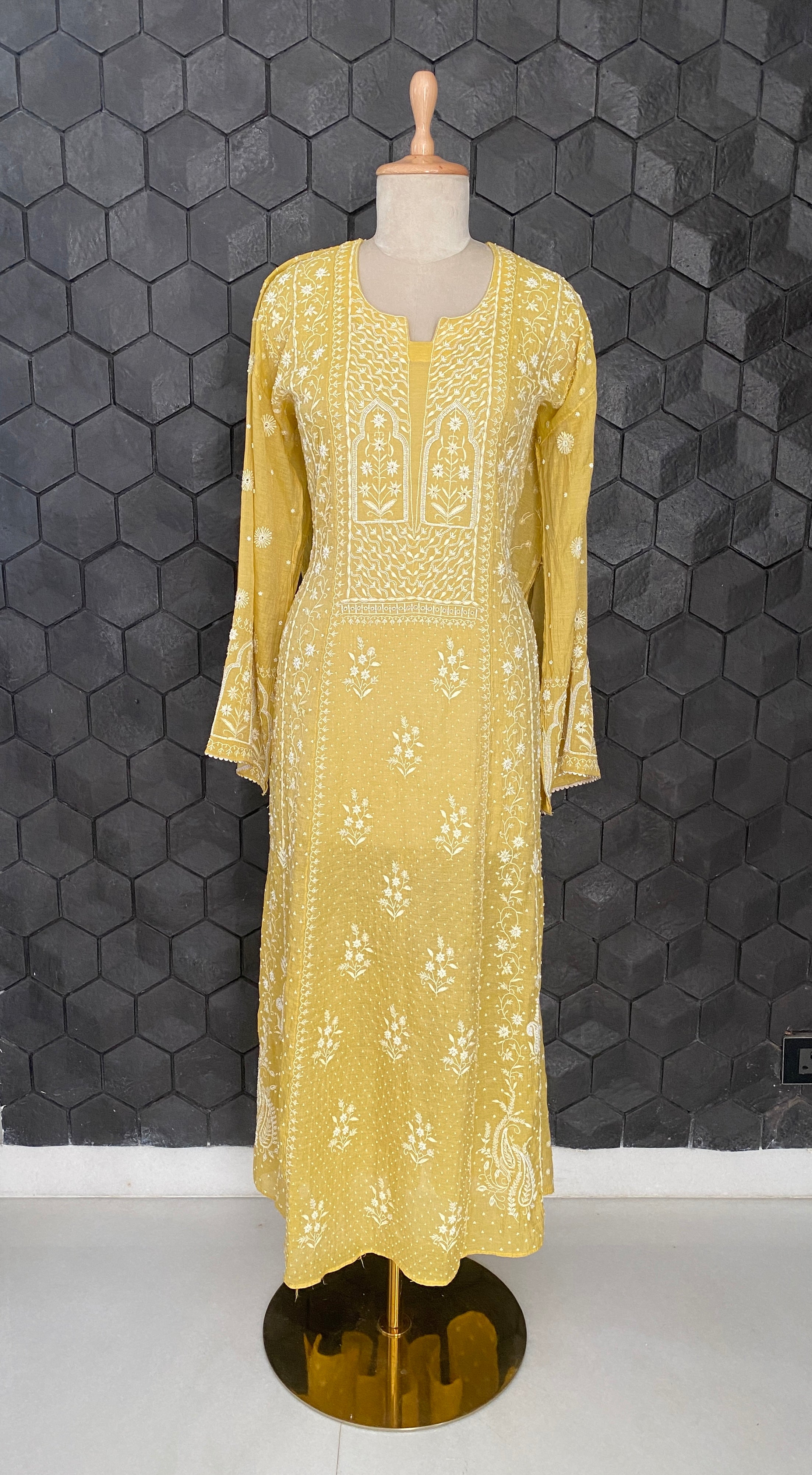 Mustard Yellow silver tissue Anarkali set