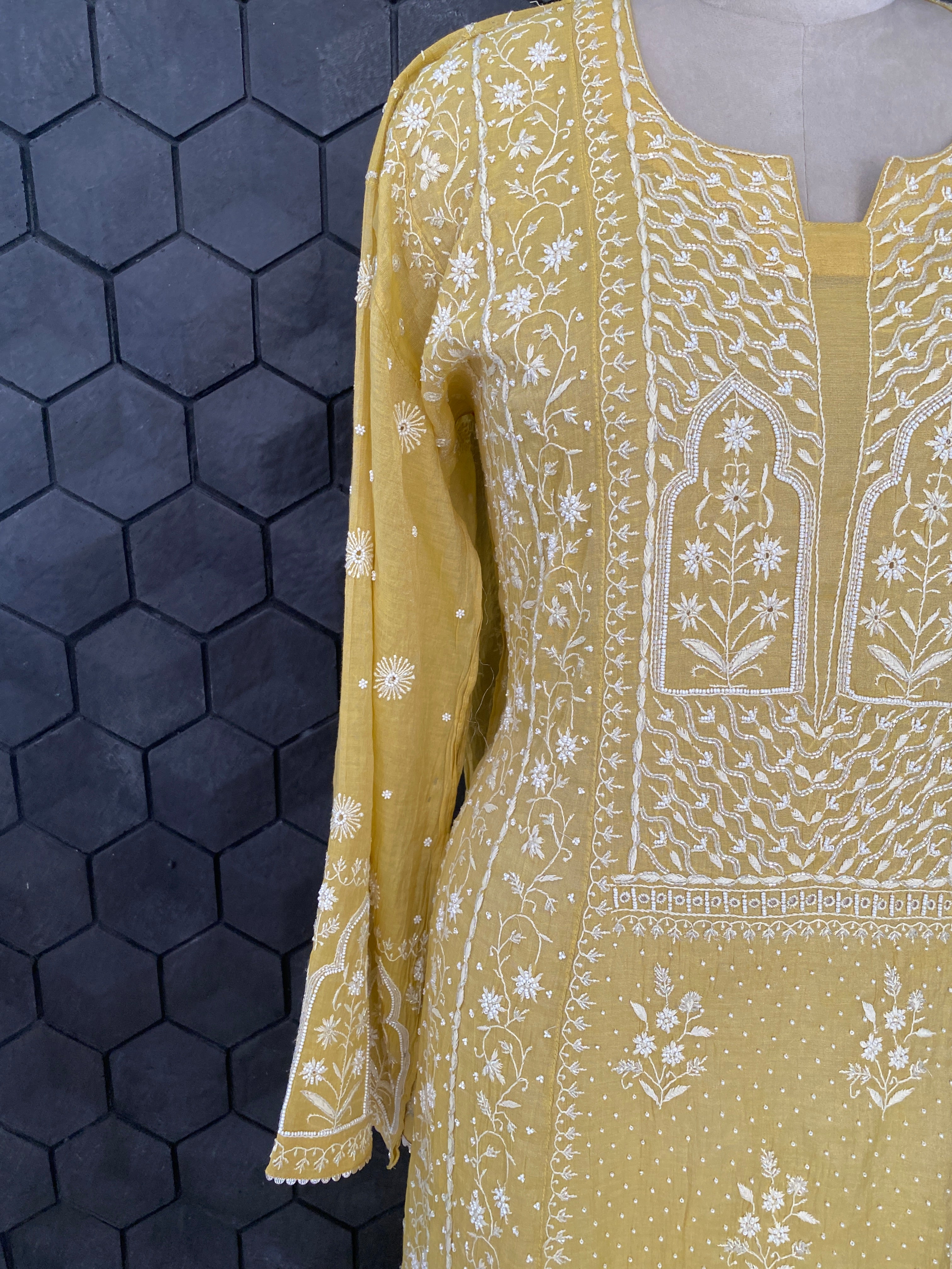 Mustard Yellow silver tissue Anarkali set