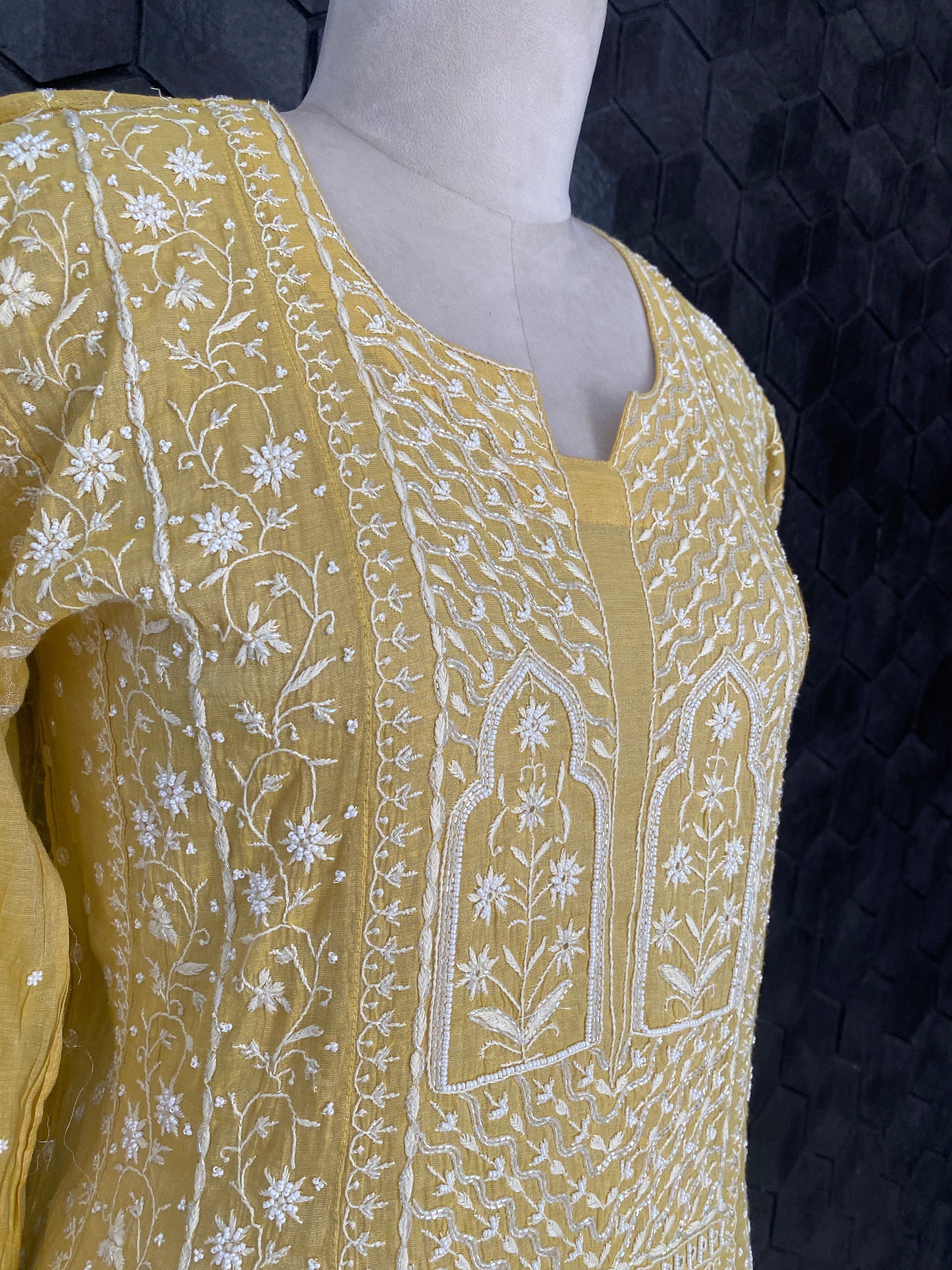 Mustard Yellow silver tissue Anarkali set