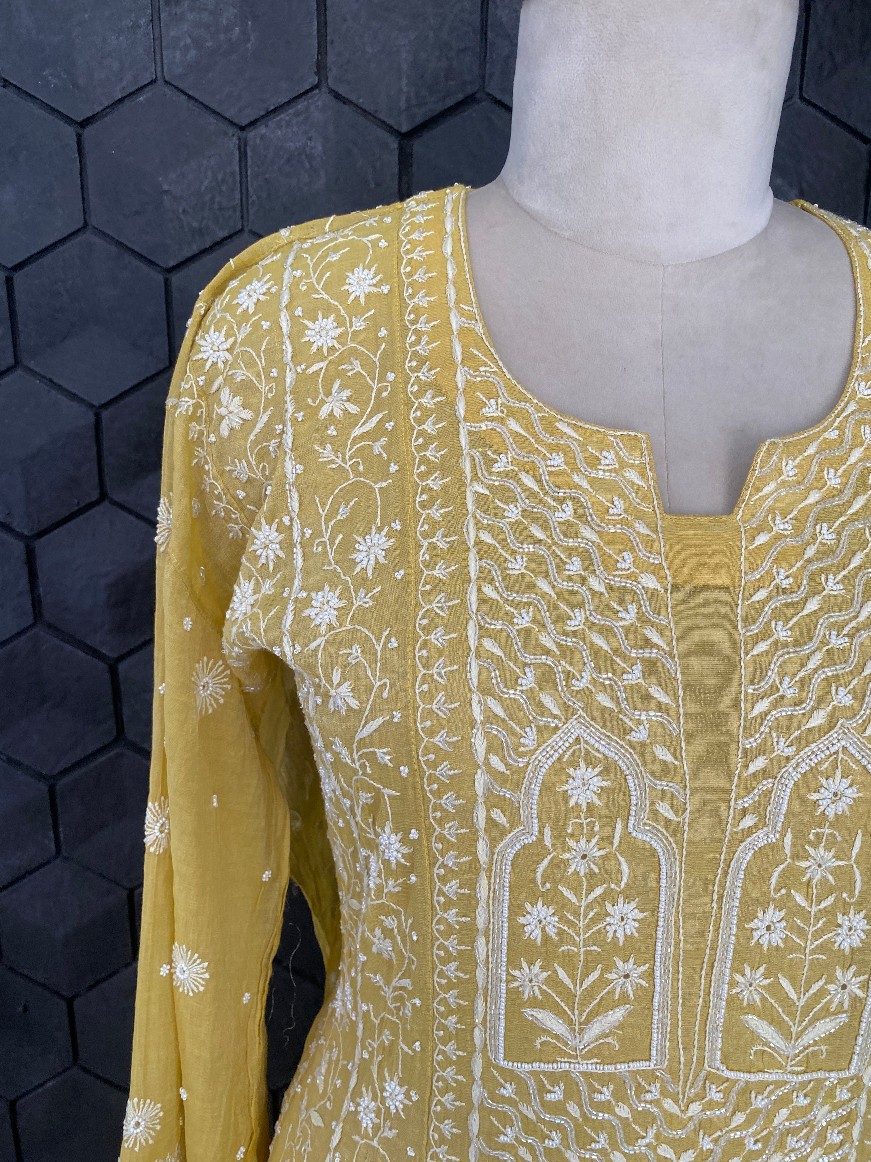 Mustard Yellow silver tissue Anarkali set