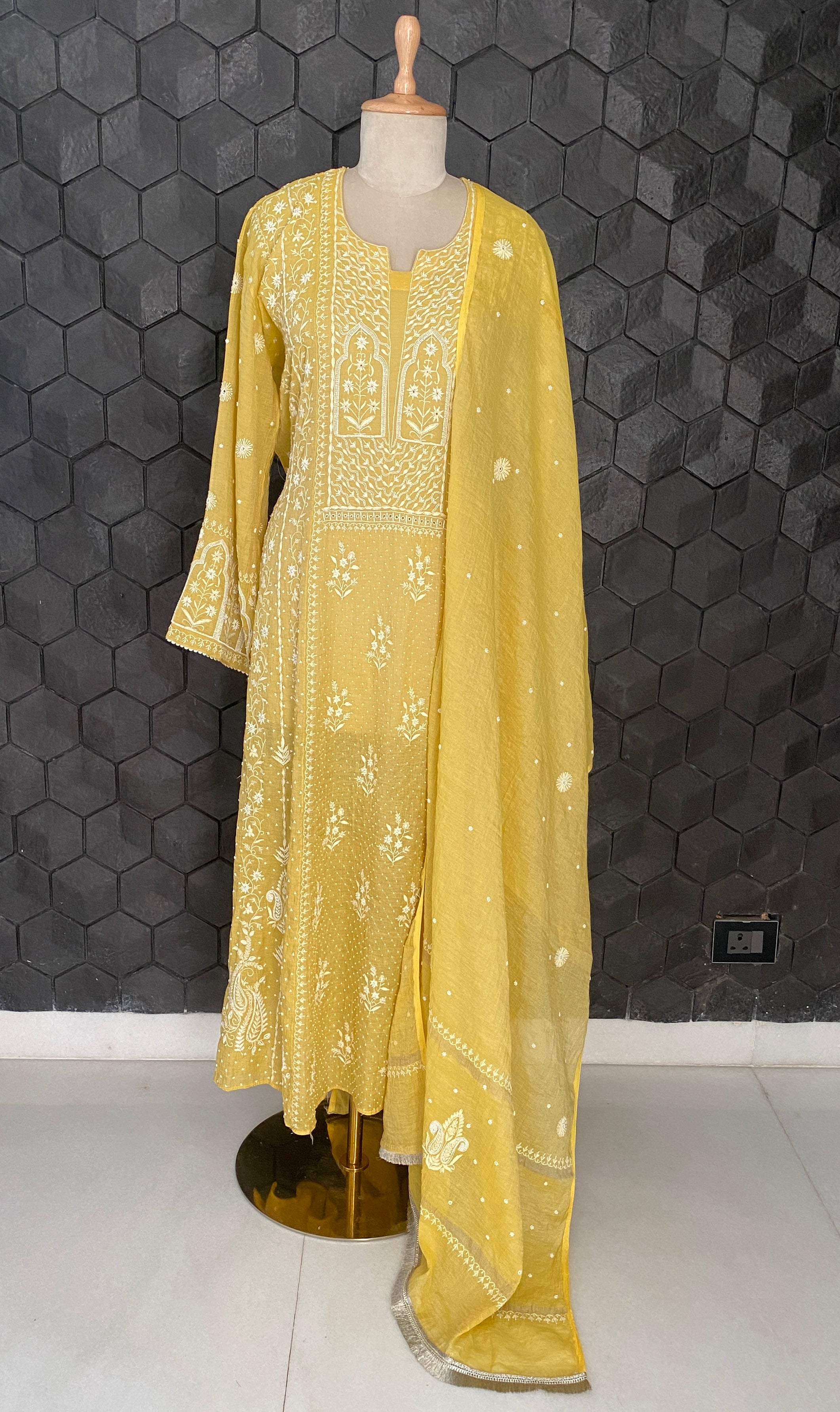 Mustard Yellow silver tissue Anarkali set