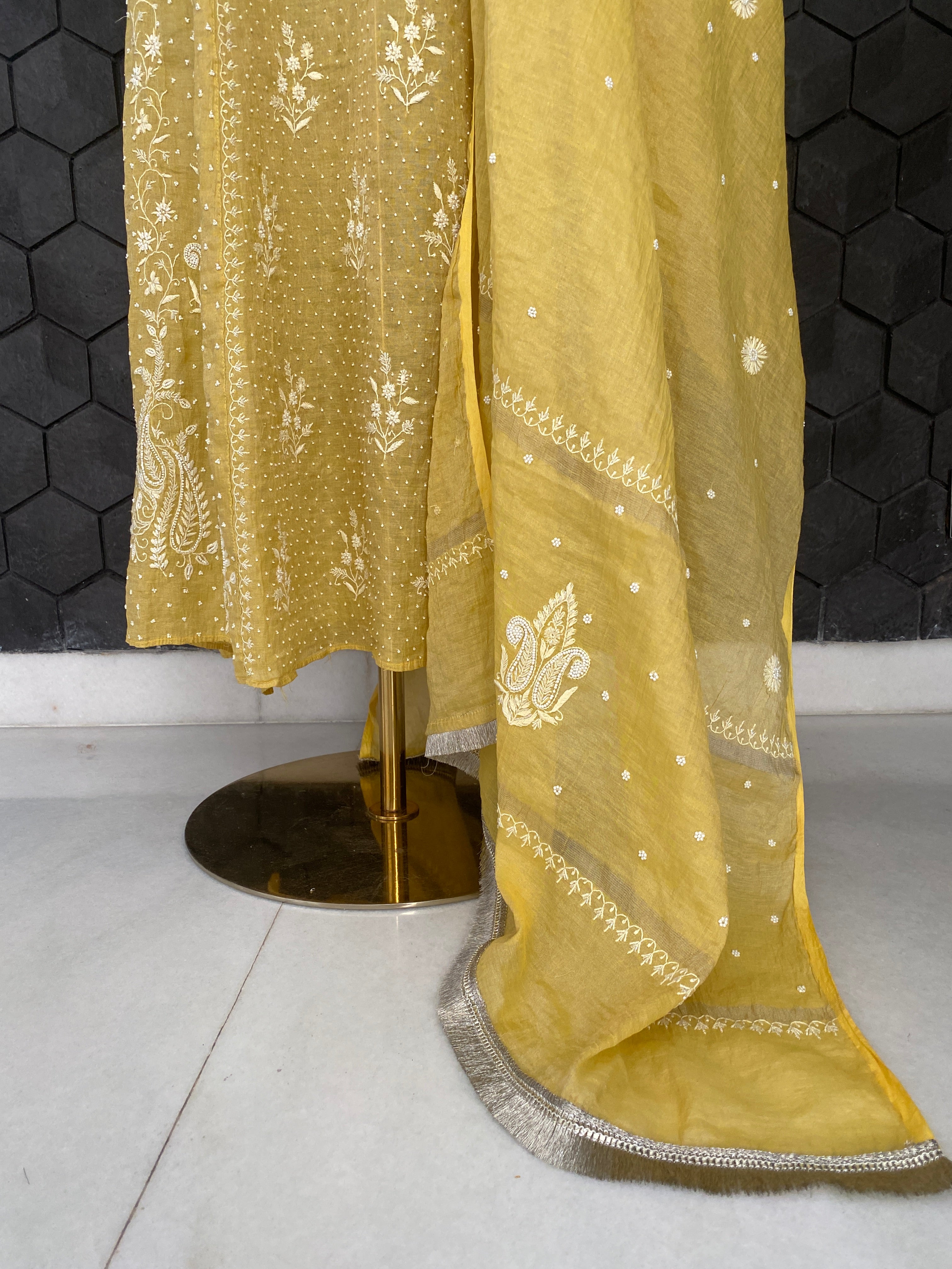 Mustard Yellow silver tissue Anarkali set