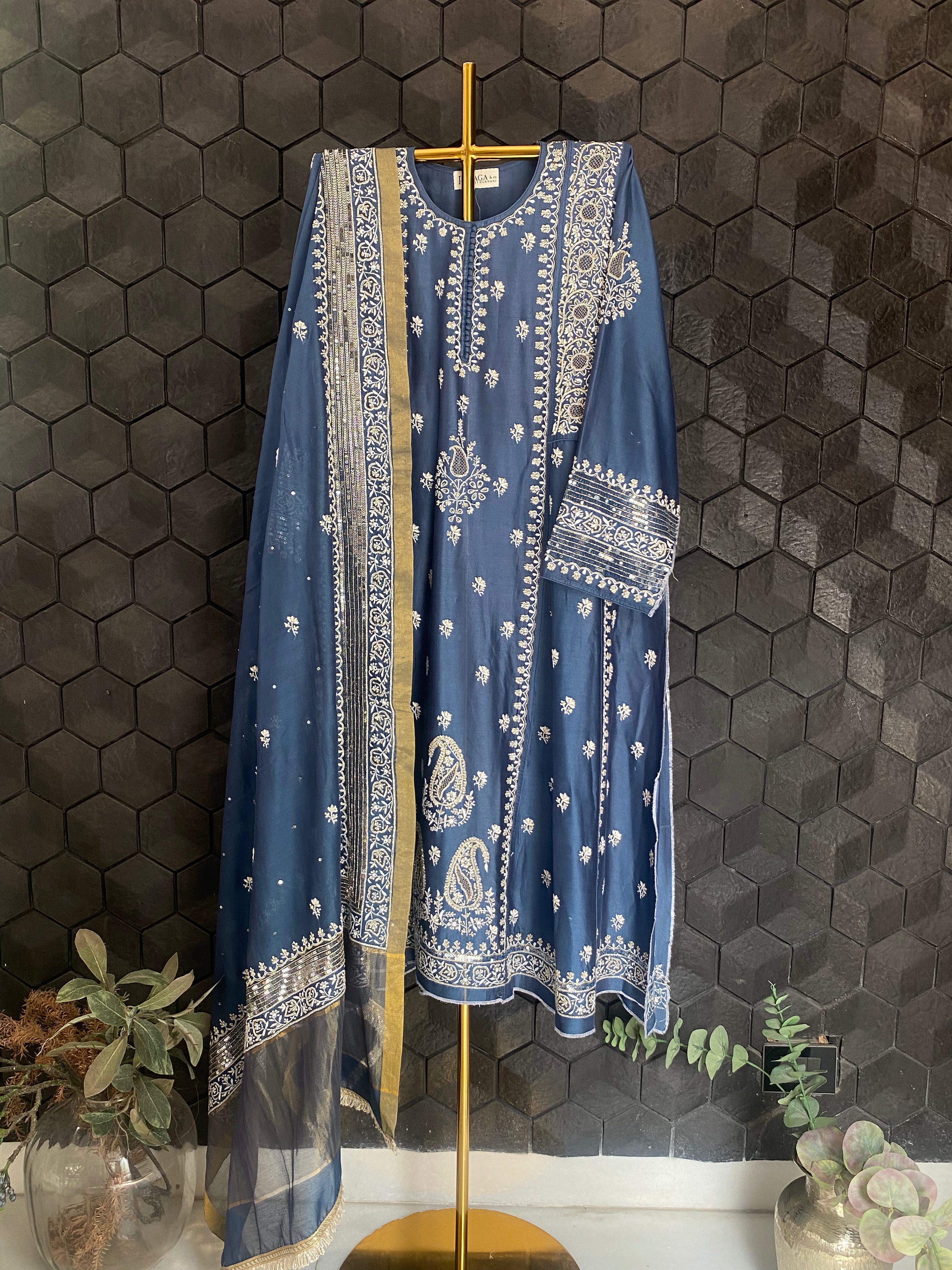 Cobalt Blue Chanderi Chikankari Anarkali Set