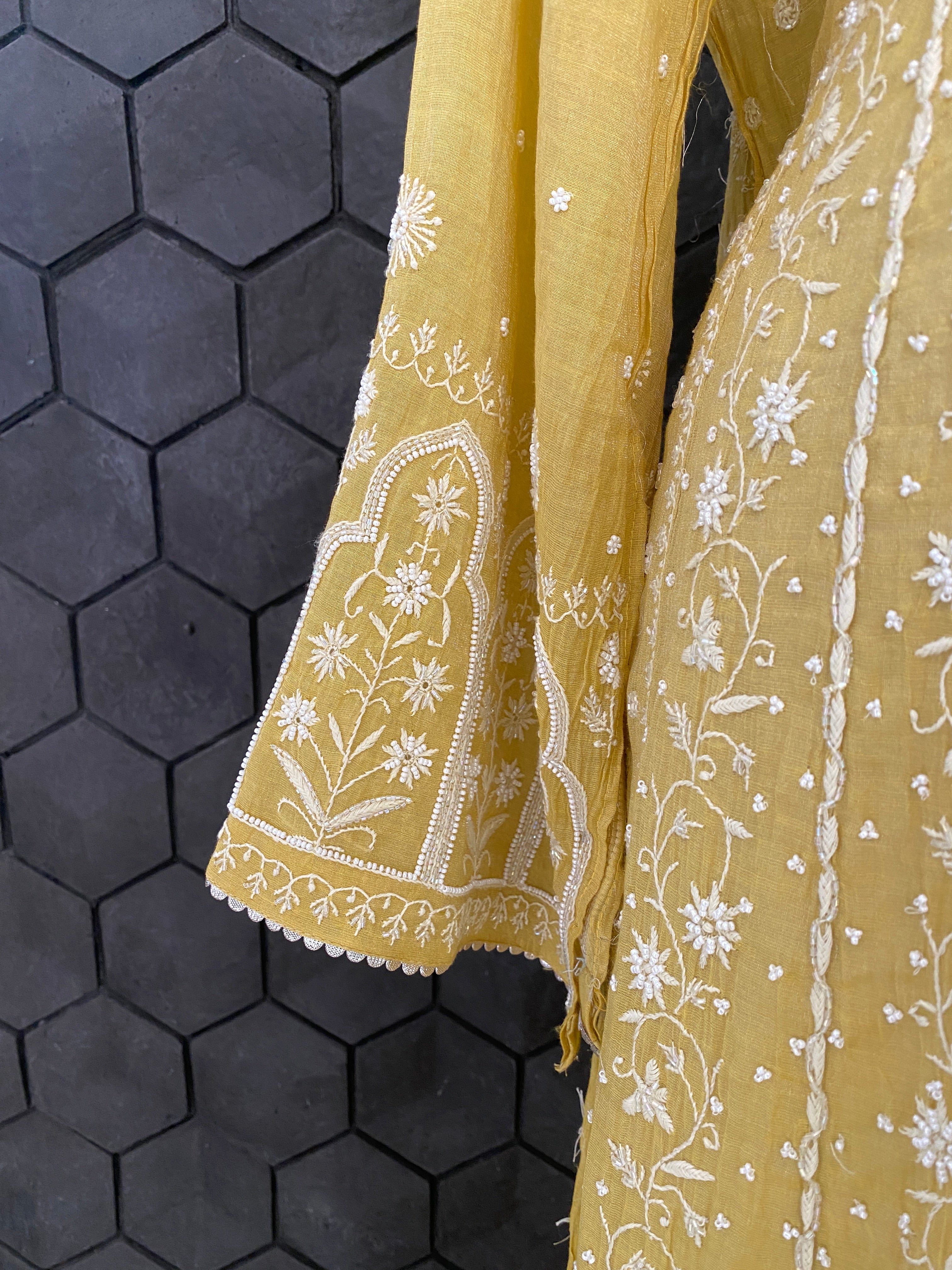 Mustard Yellow silver tissue Anarkali set