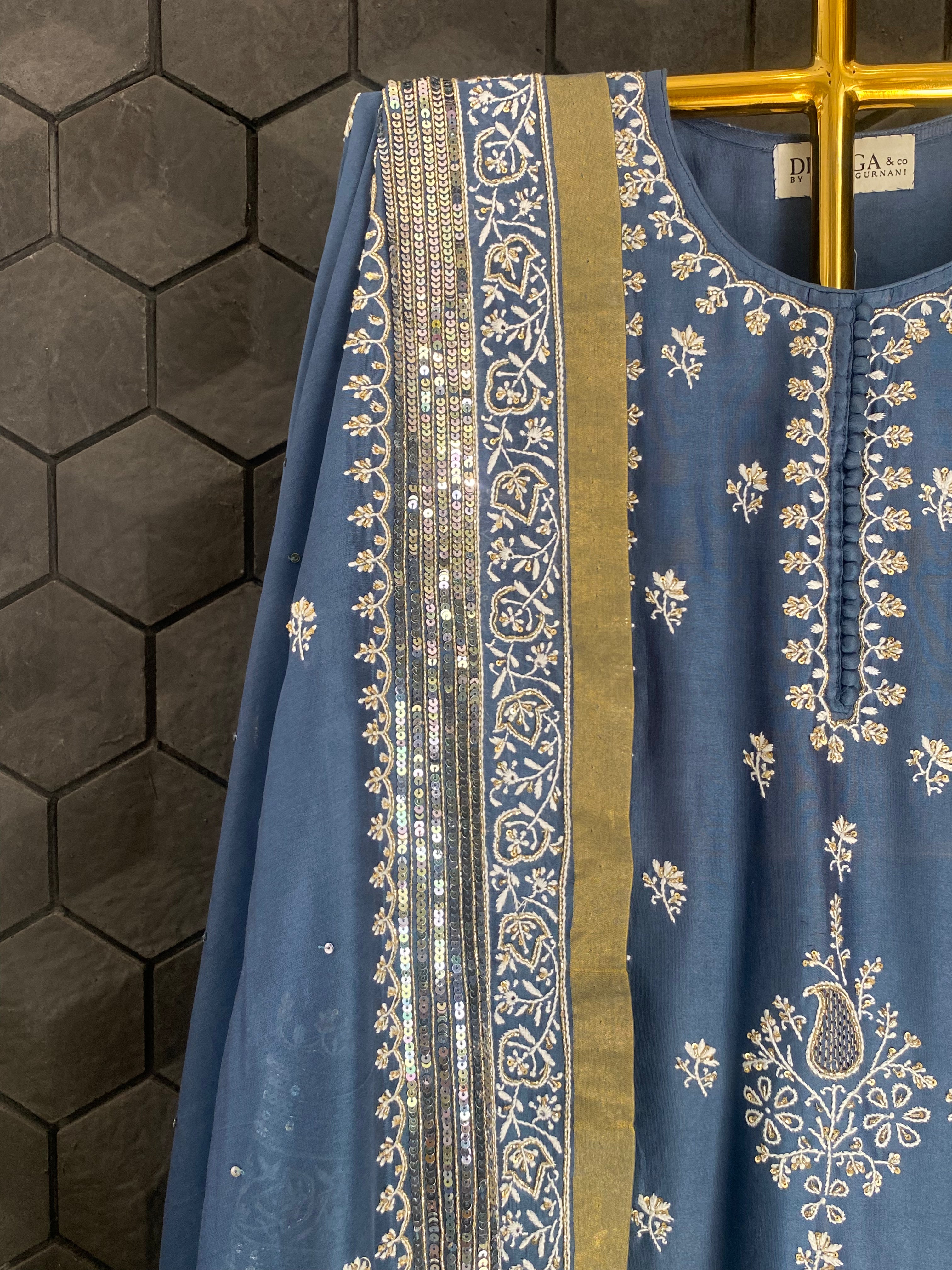 Cobalt Blue Chanderi Chikankari Anarkali Set