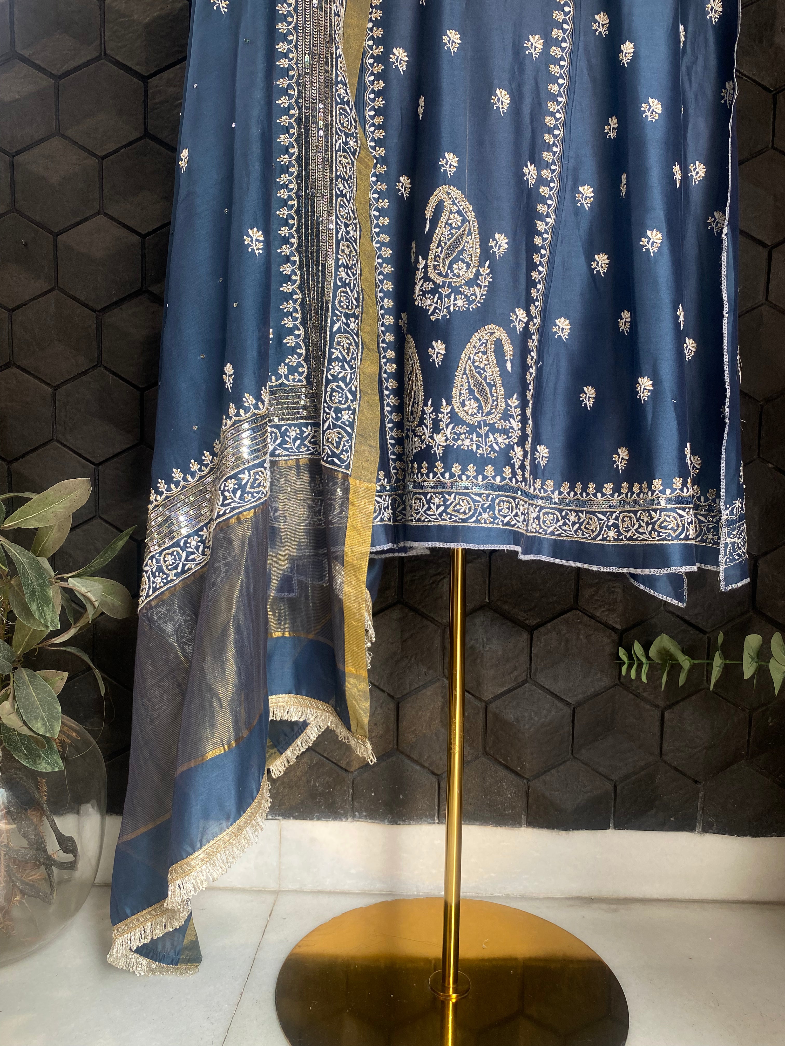Cobalt Blue Chanderi Chikankari Anarkali Set