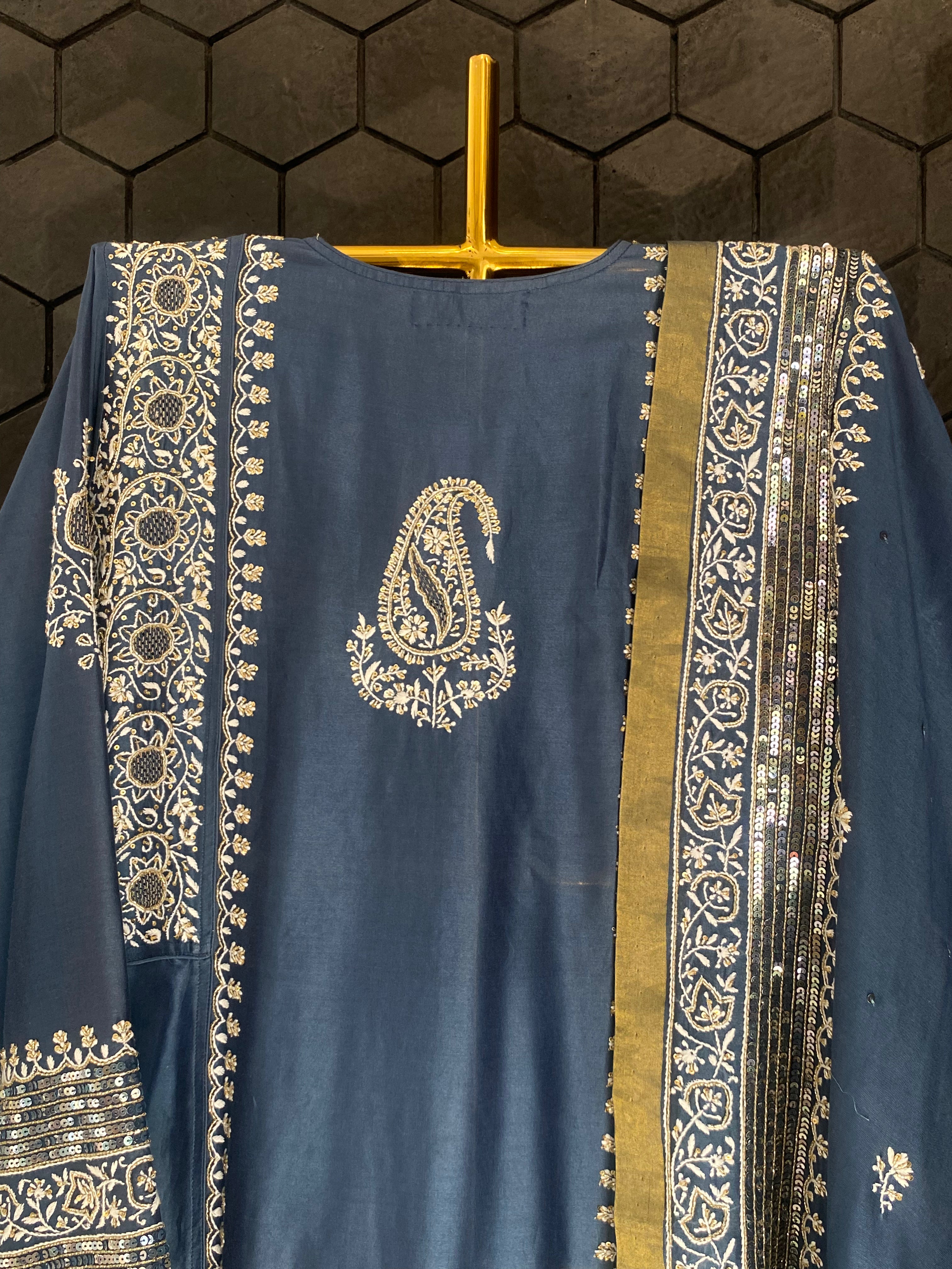 Cobalt Blue Chanderi Chikankari Anarkali Set