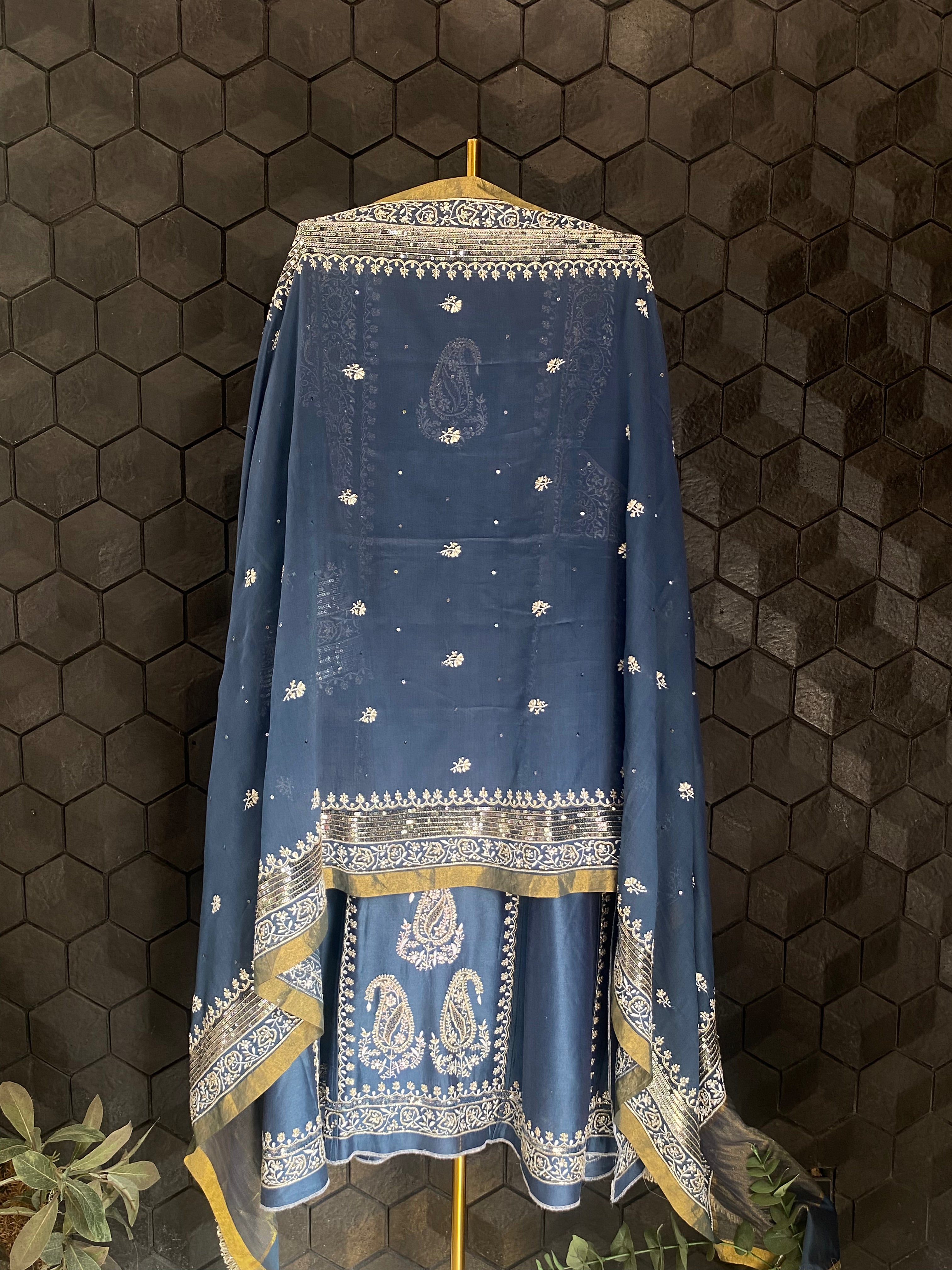 Cobalt Blue Chanderi Chikankari Anarkali Set