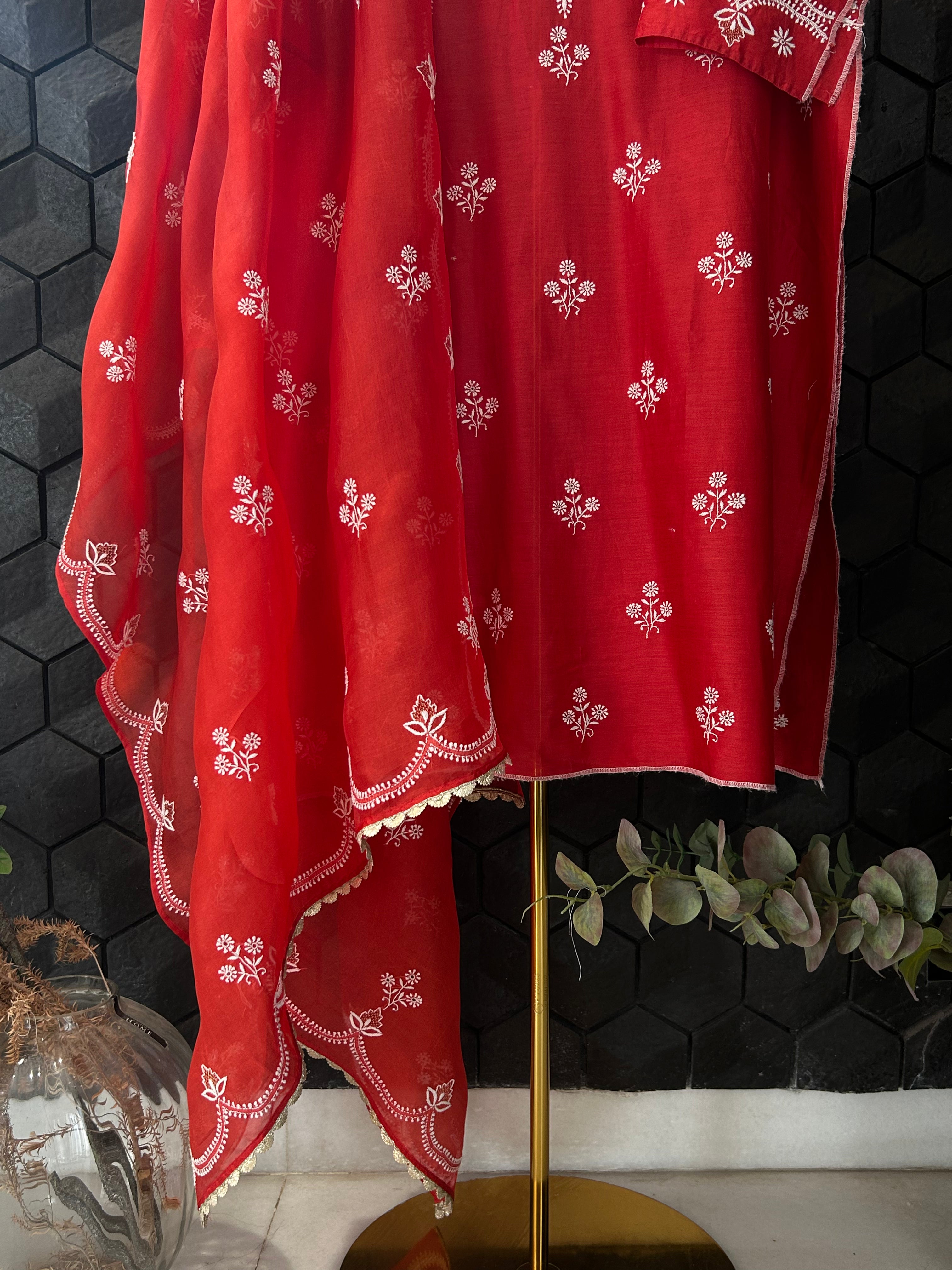 Red Chanderi Chikankari Anarkali Set