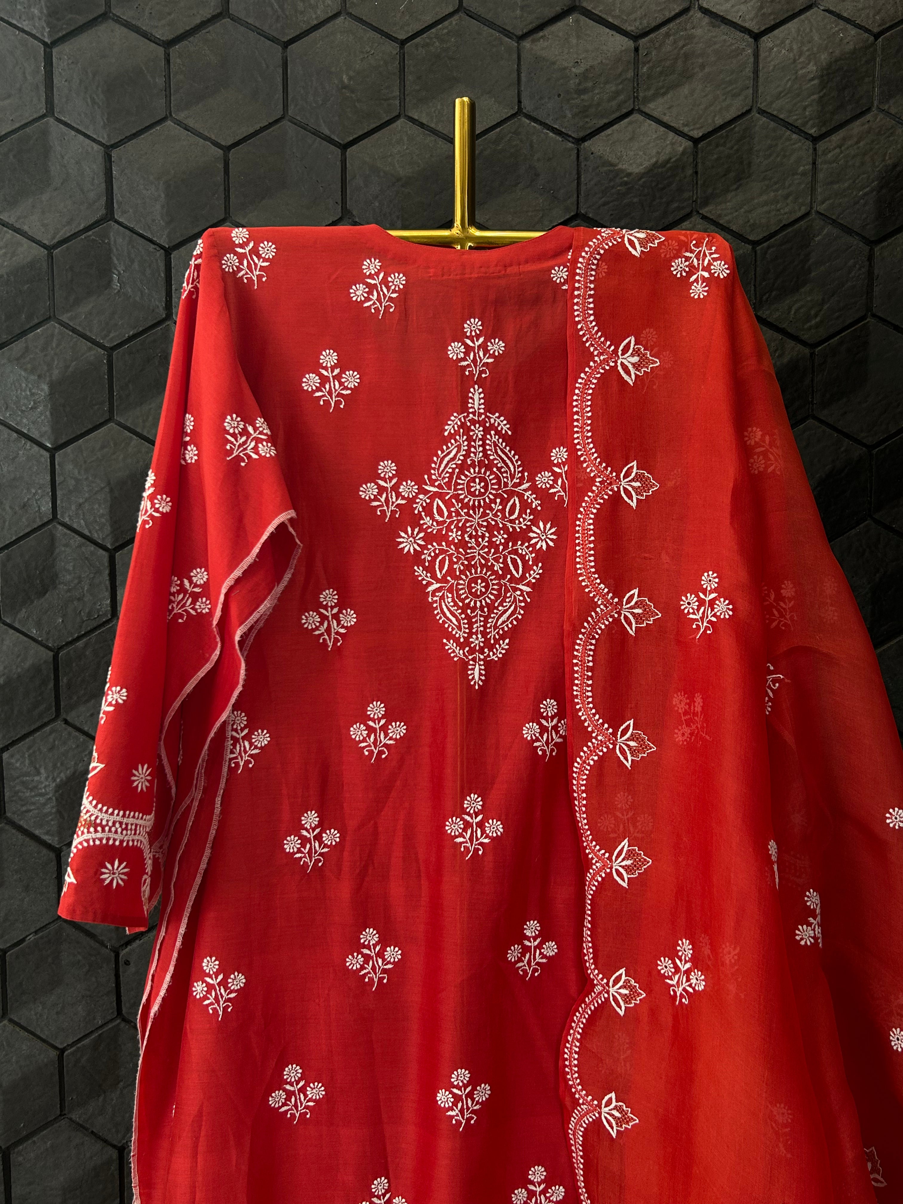 Red Chanderi Chikankari Anarkali Set