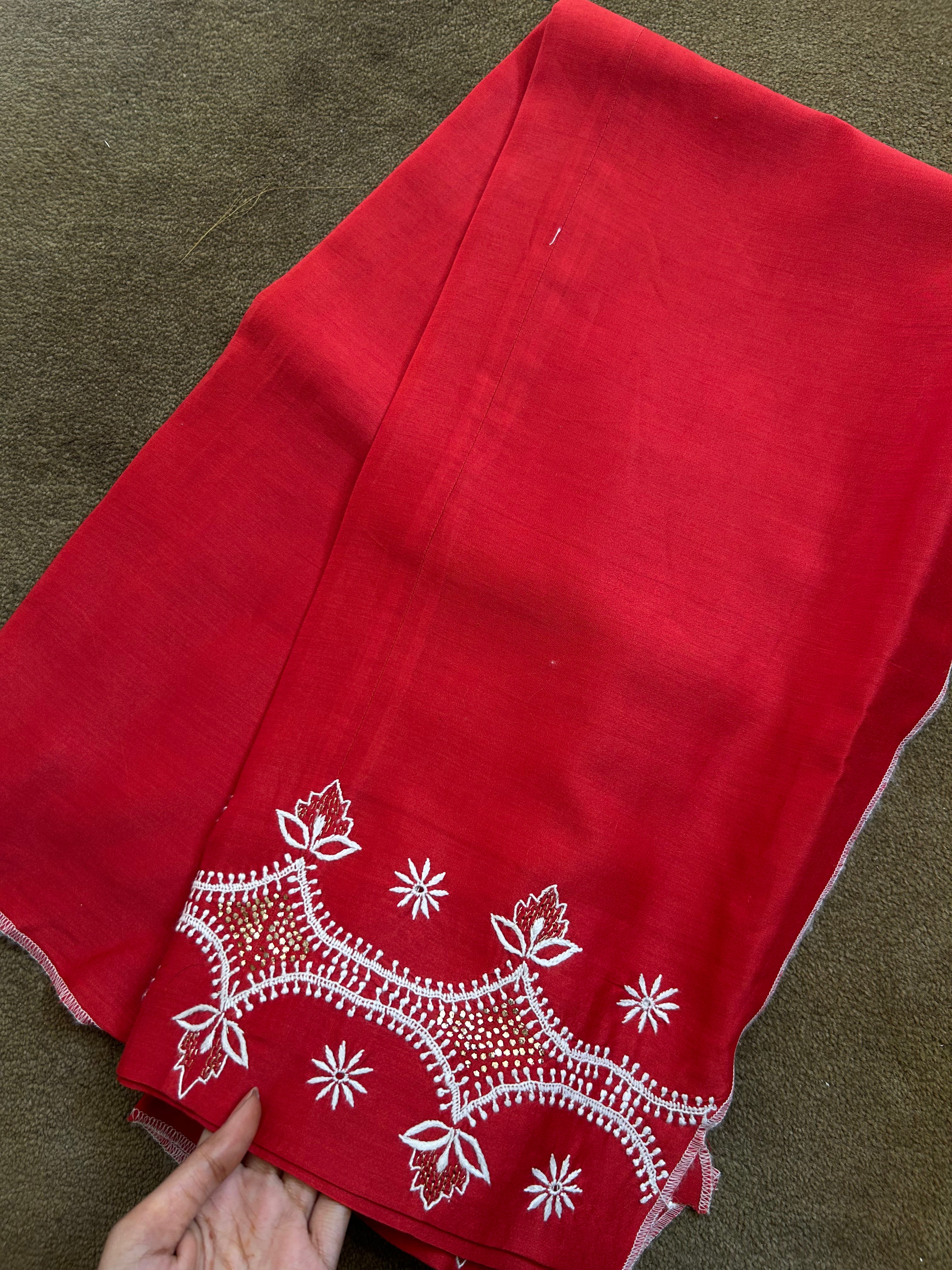 Red Chanderi Chikankari Anarkali Set