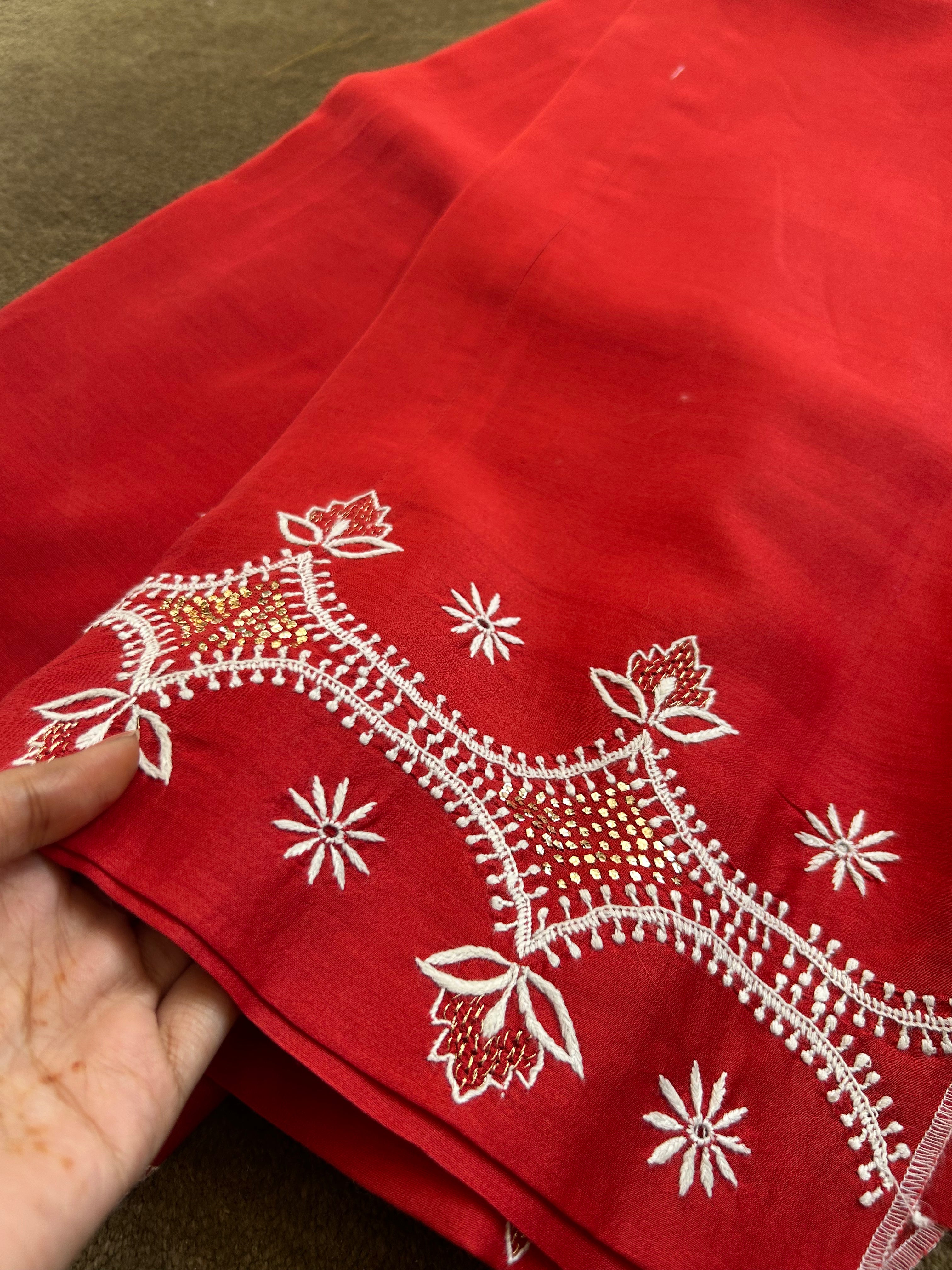 Red Chanderi Chikankari Anarkali Set