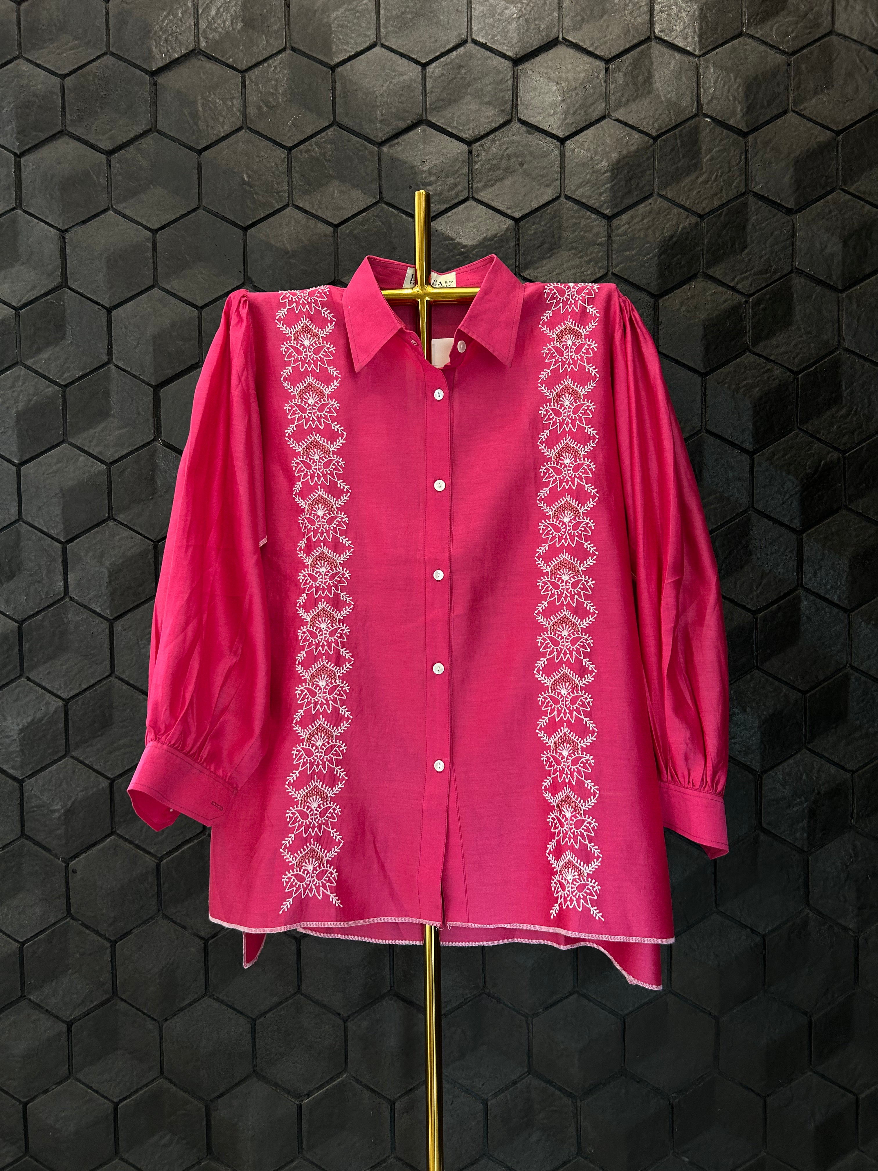 Magenta Chanderi Chikankari Shirt