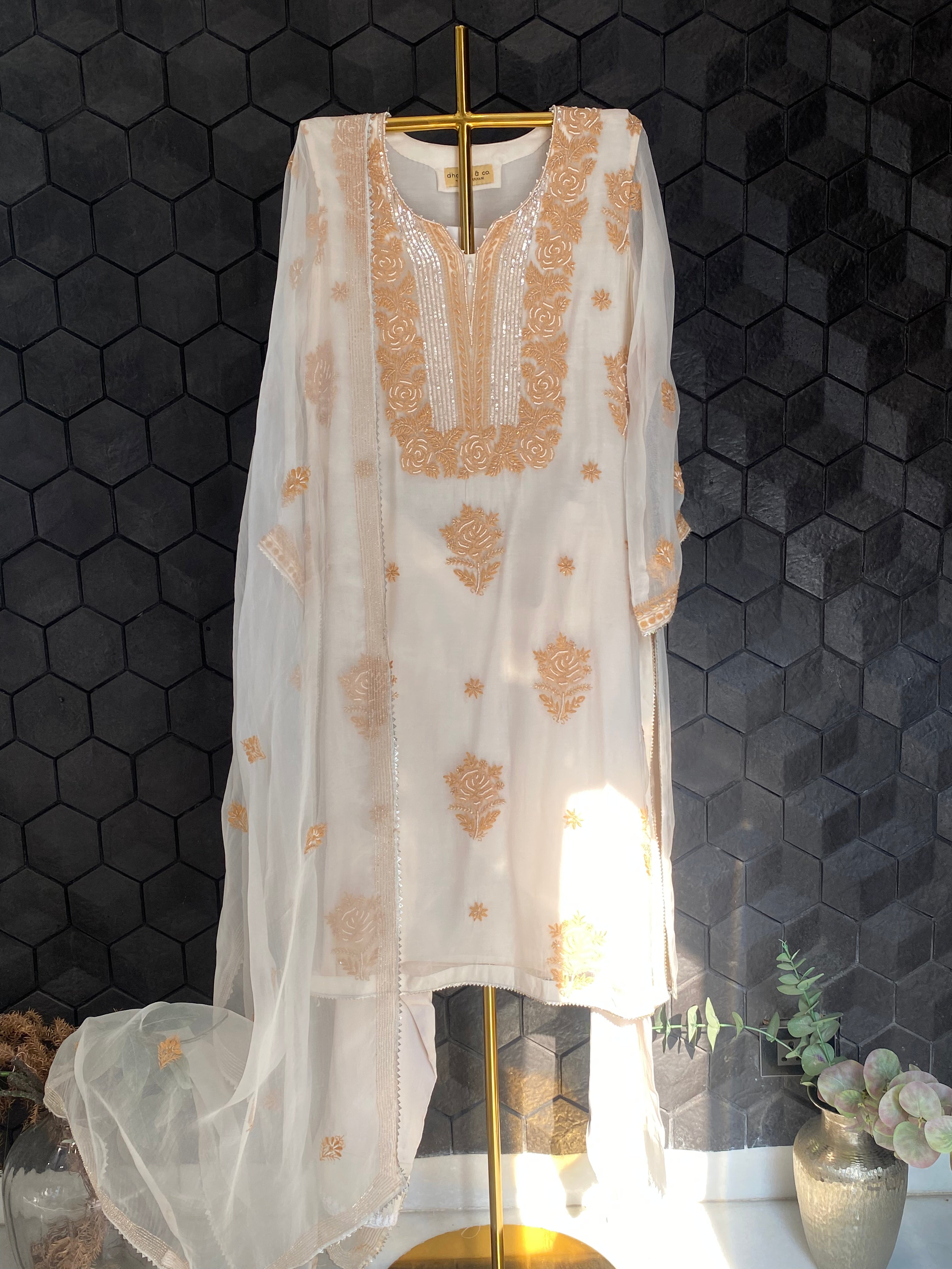 Cream Organza Chikankari Suit Set