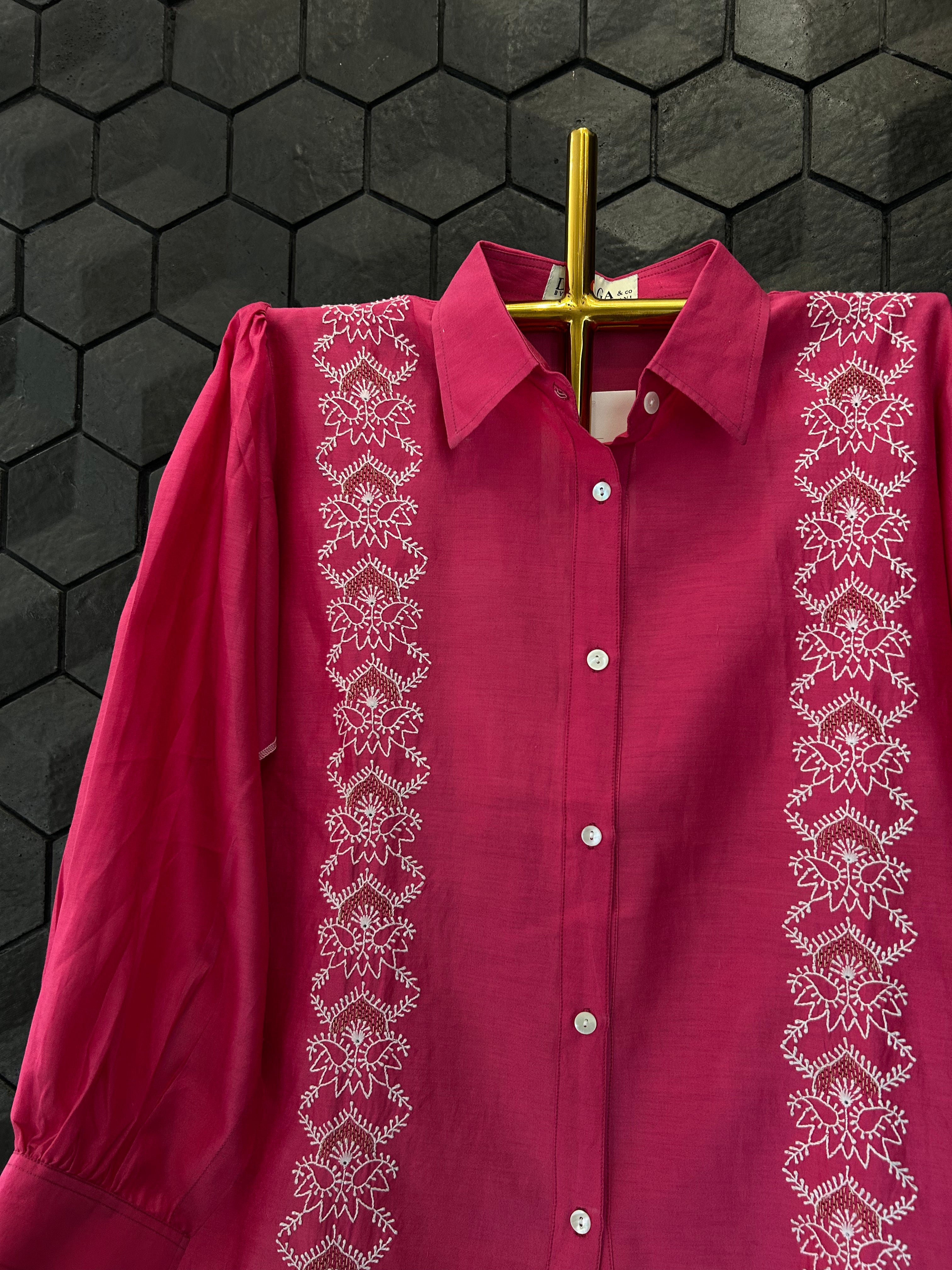 Magenta Chanderi Chikankari Shirt