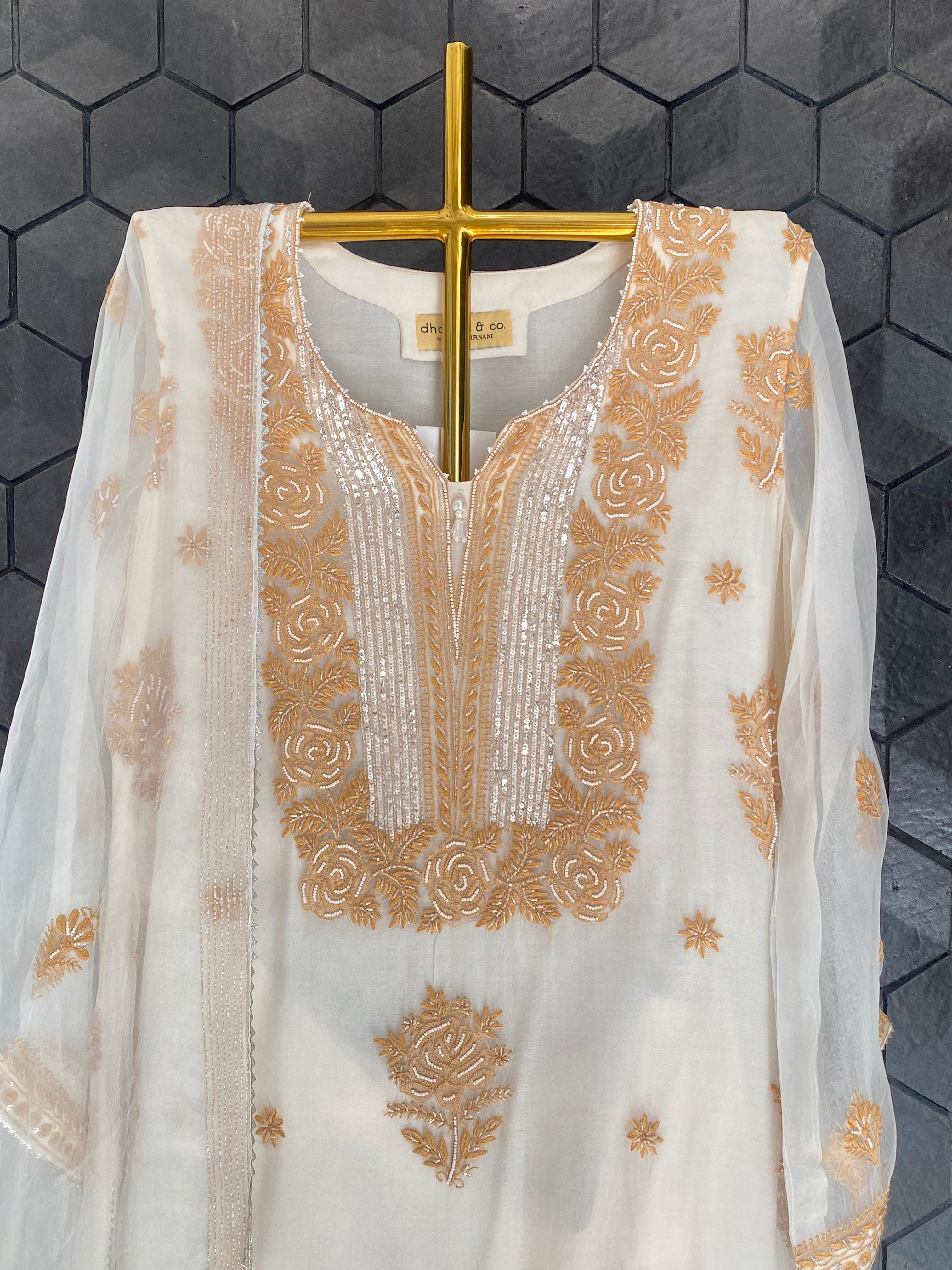 Cream Organza Chikankari Suit Set