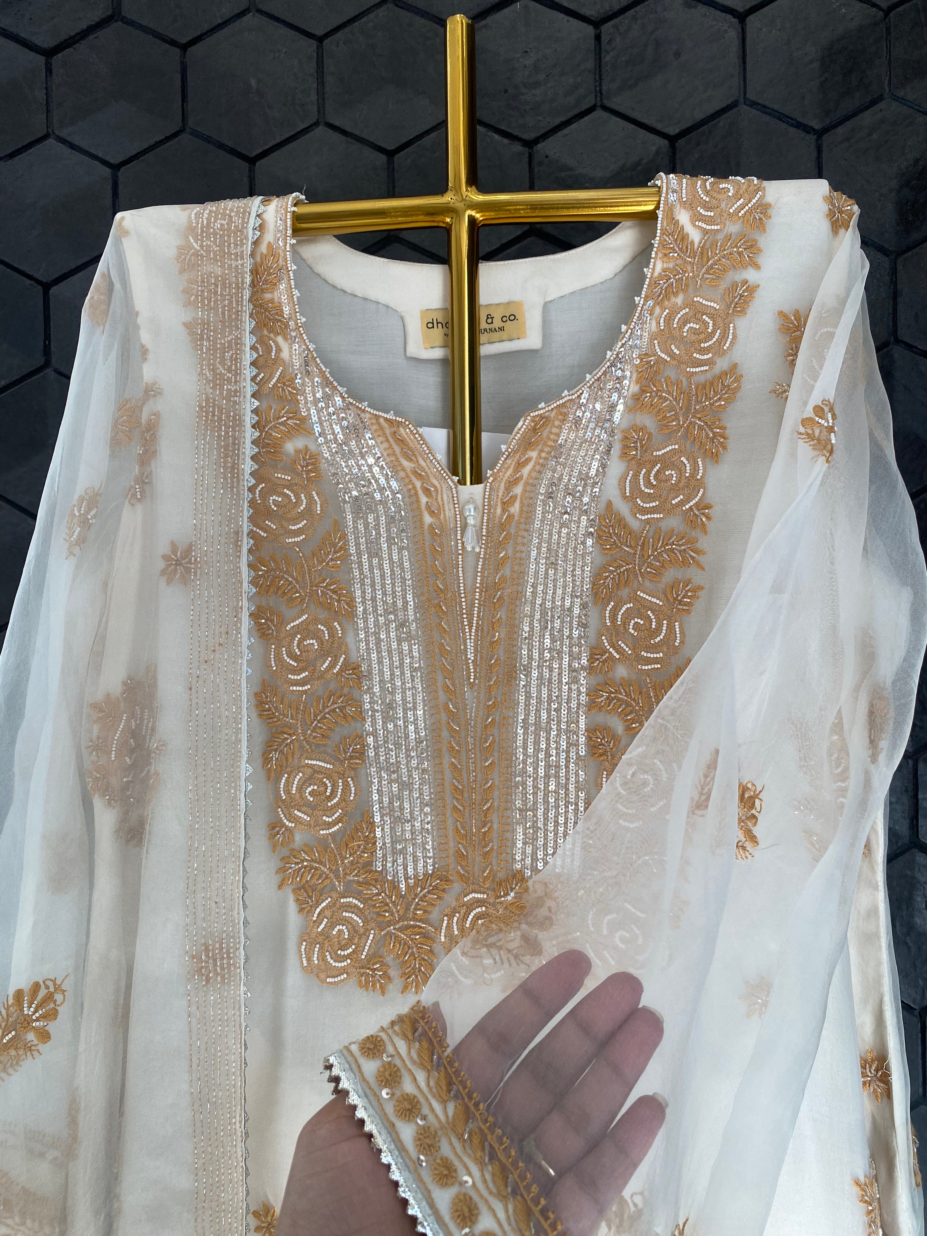 Cream Organza Chikankari Suit Set