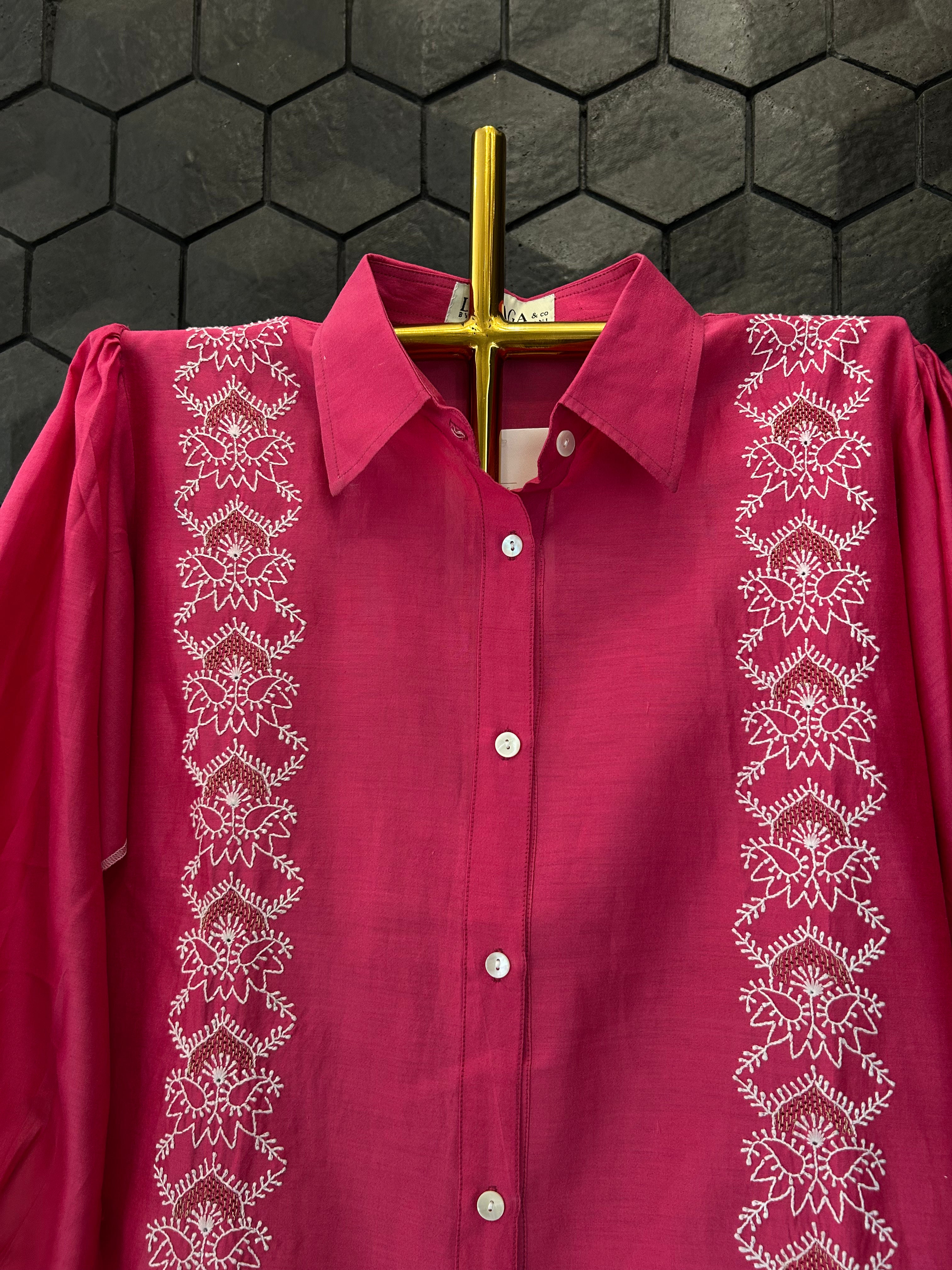 Magenta Chanderi Chikankari Shirt