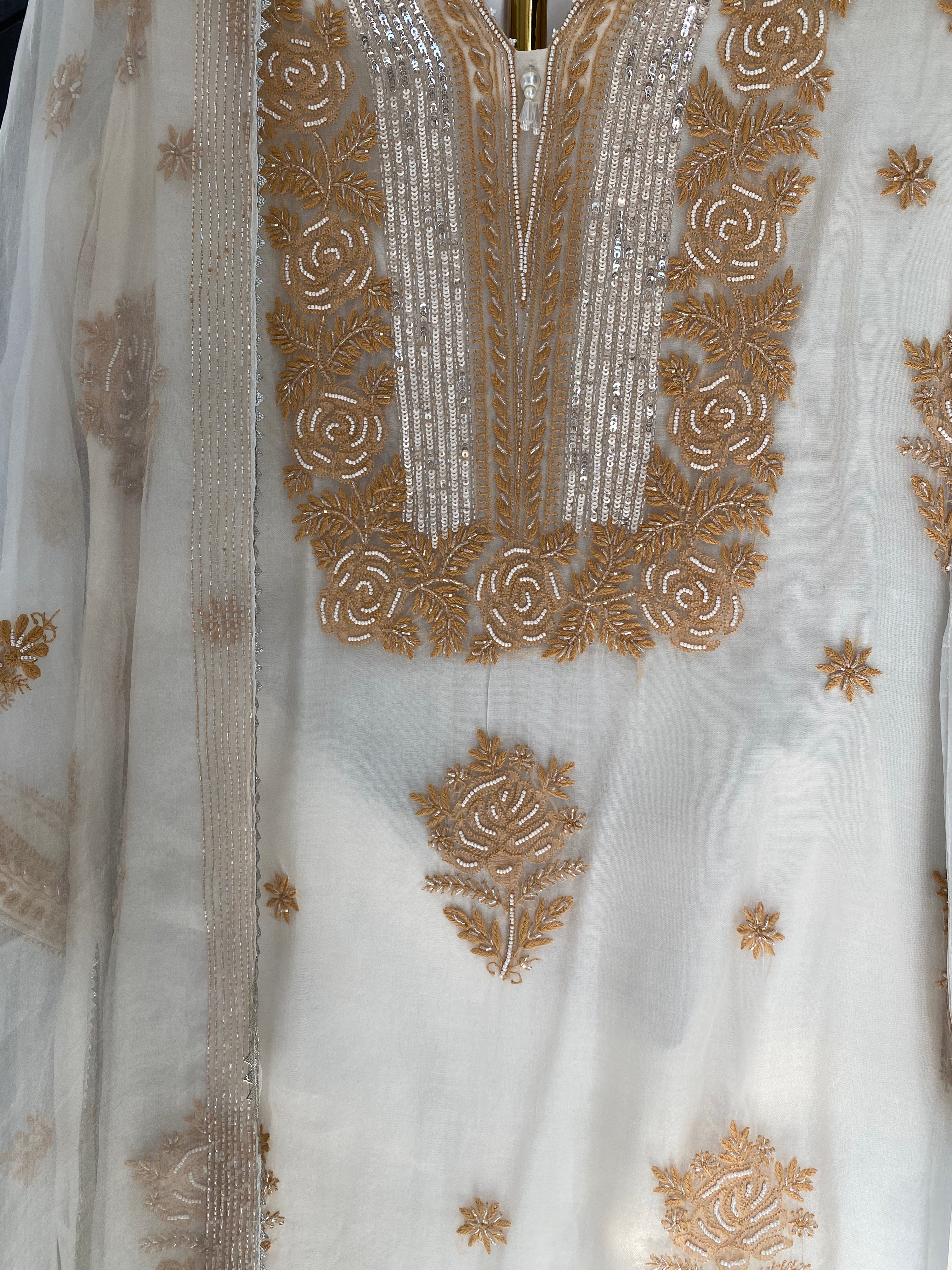 Cream Organza Chikankari Suit Set