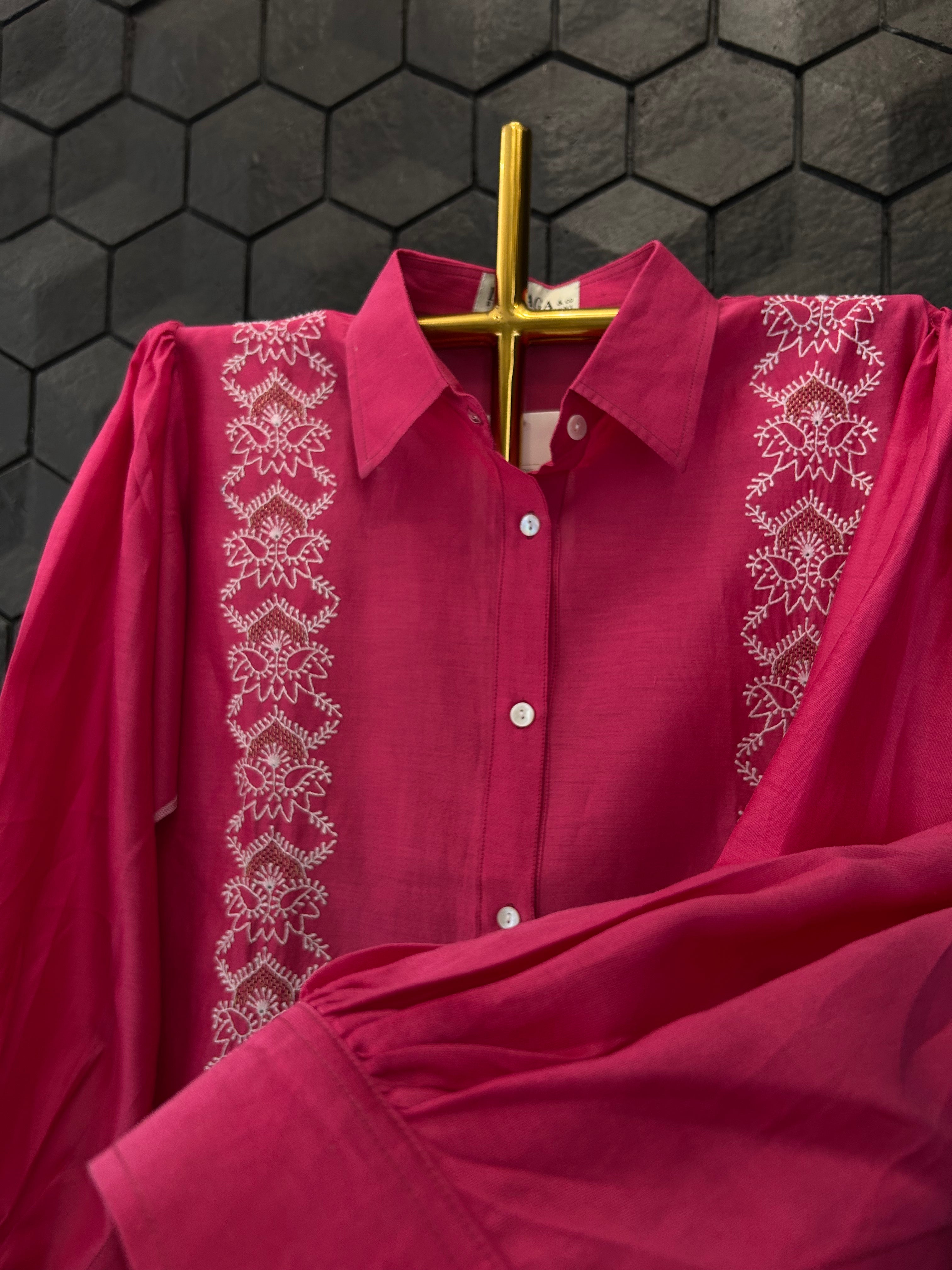 Magenta Chanderi Chikankari Shirt