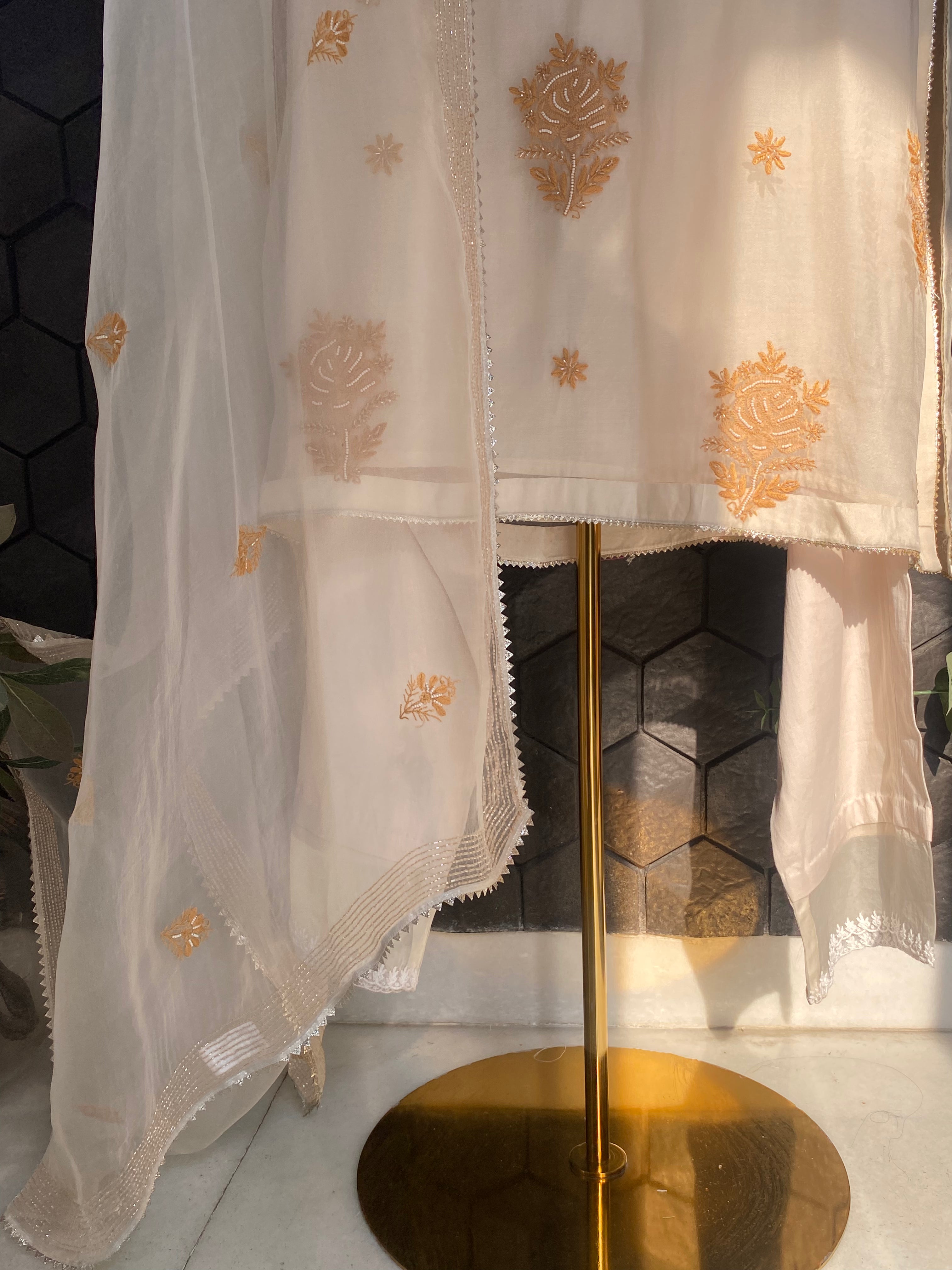 Cream Organza Chikankari Suit Set
