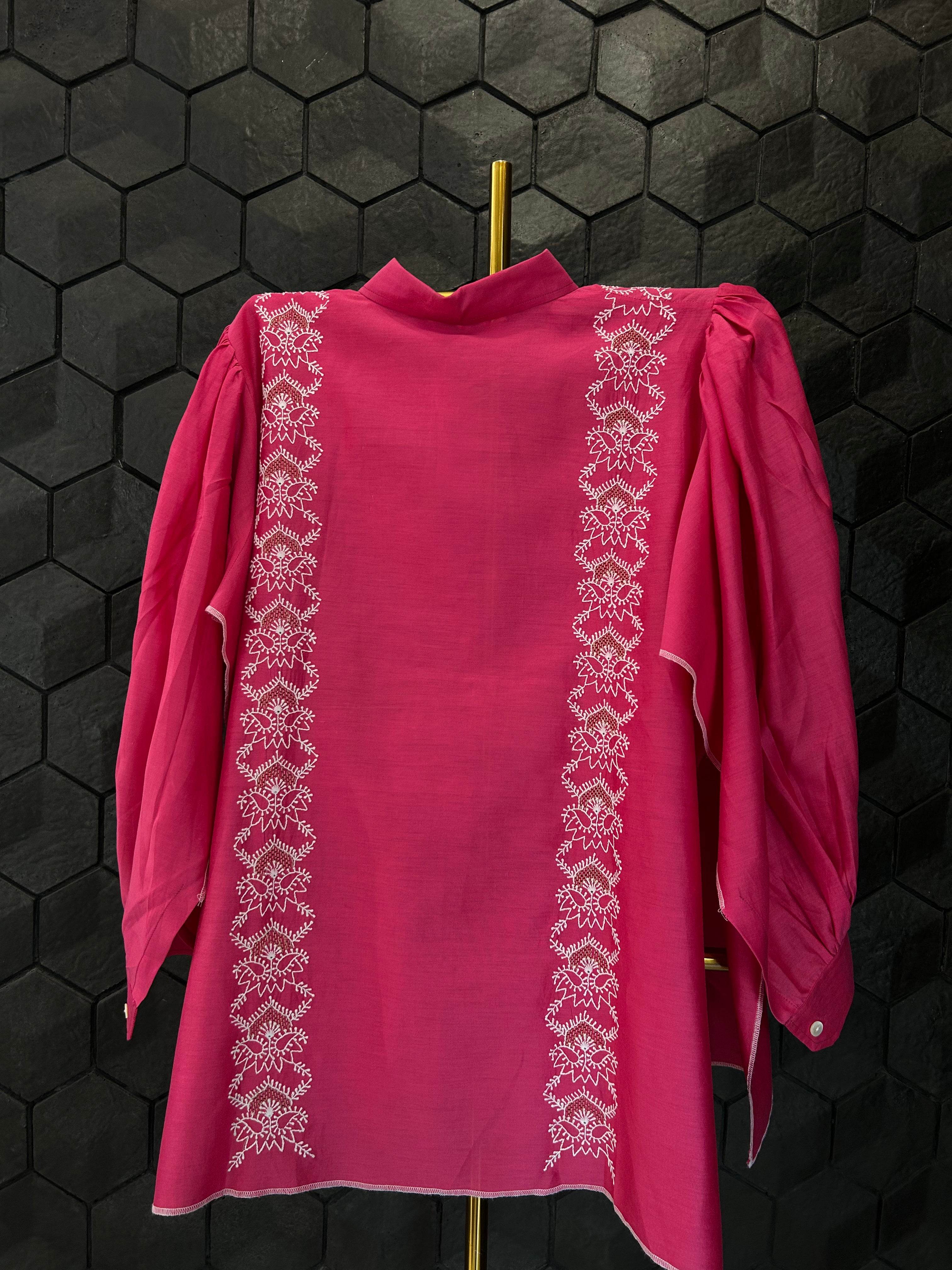 Magenta Chanderi Chikankari Shirt