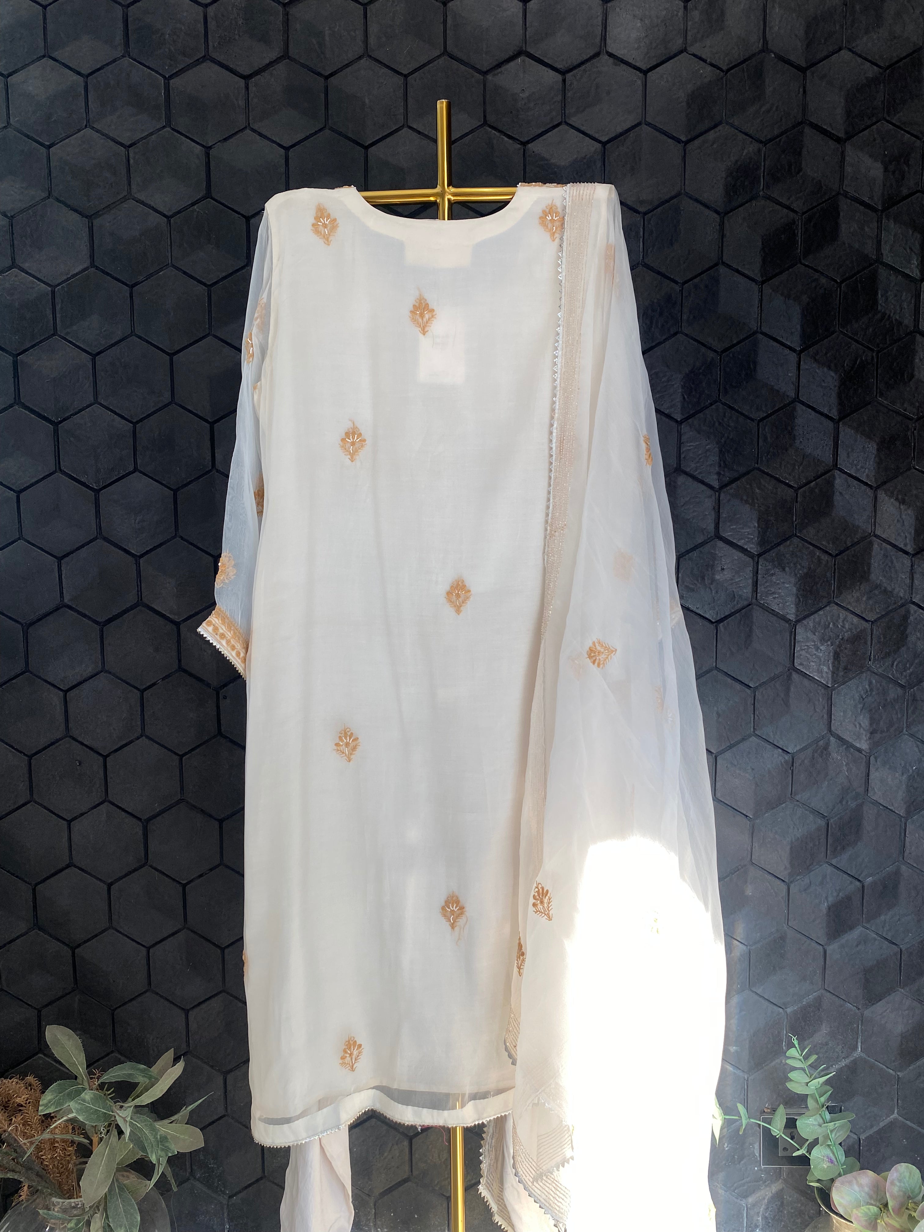 Cream Organza Chikankari Suit Set