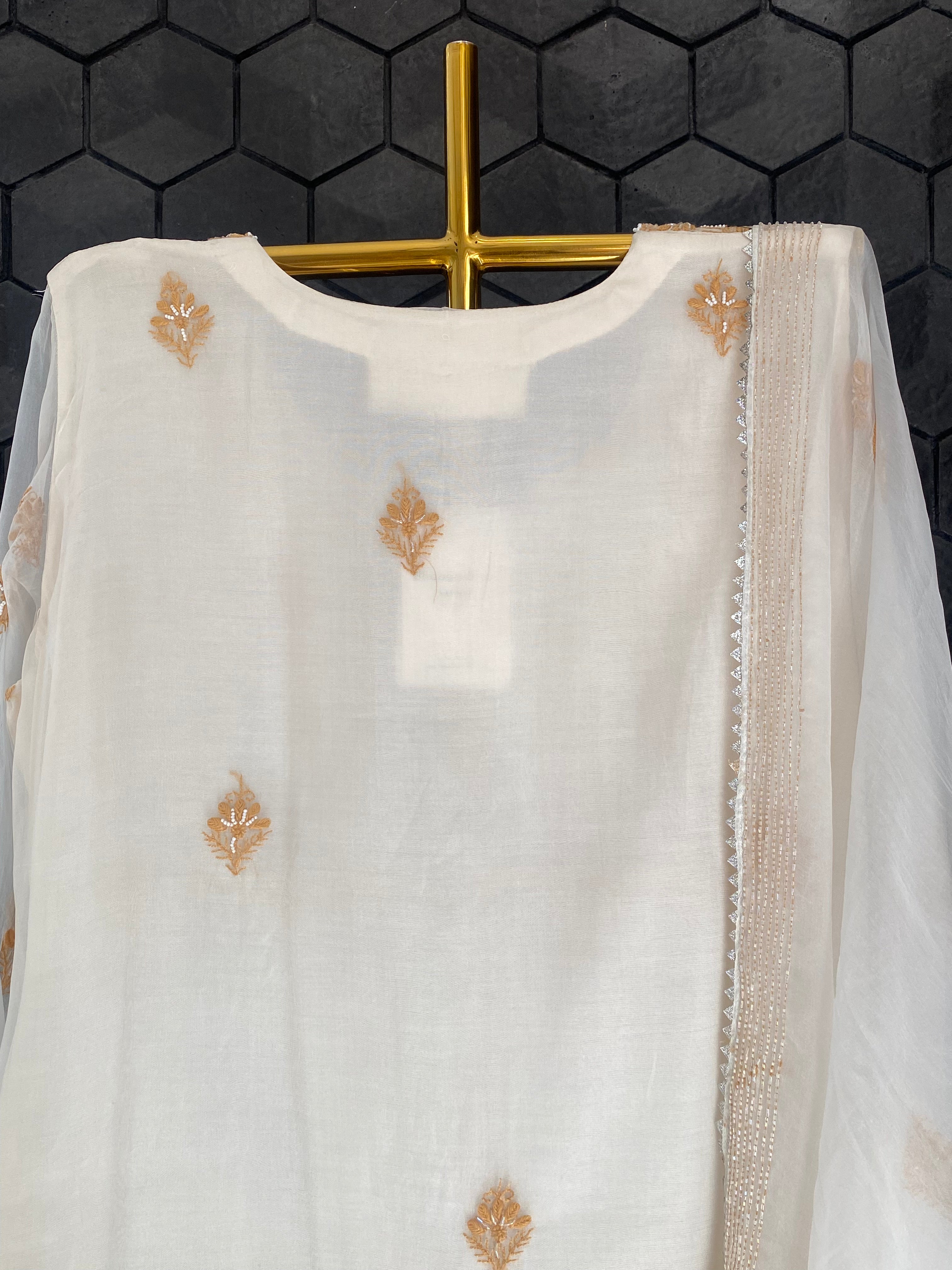 Cream Organza Chikankari Suit Set