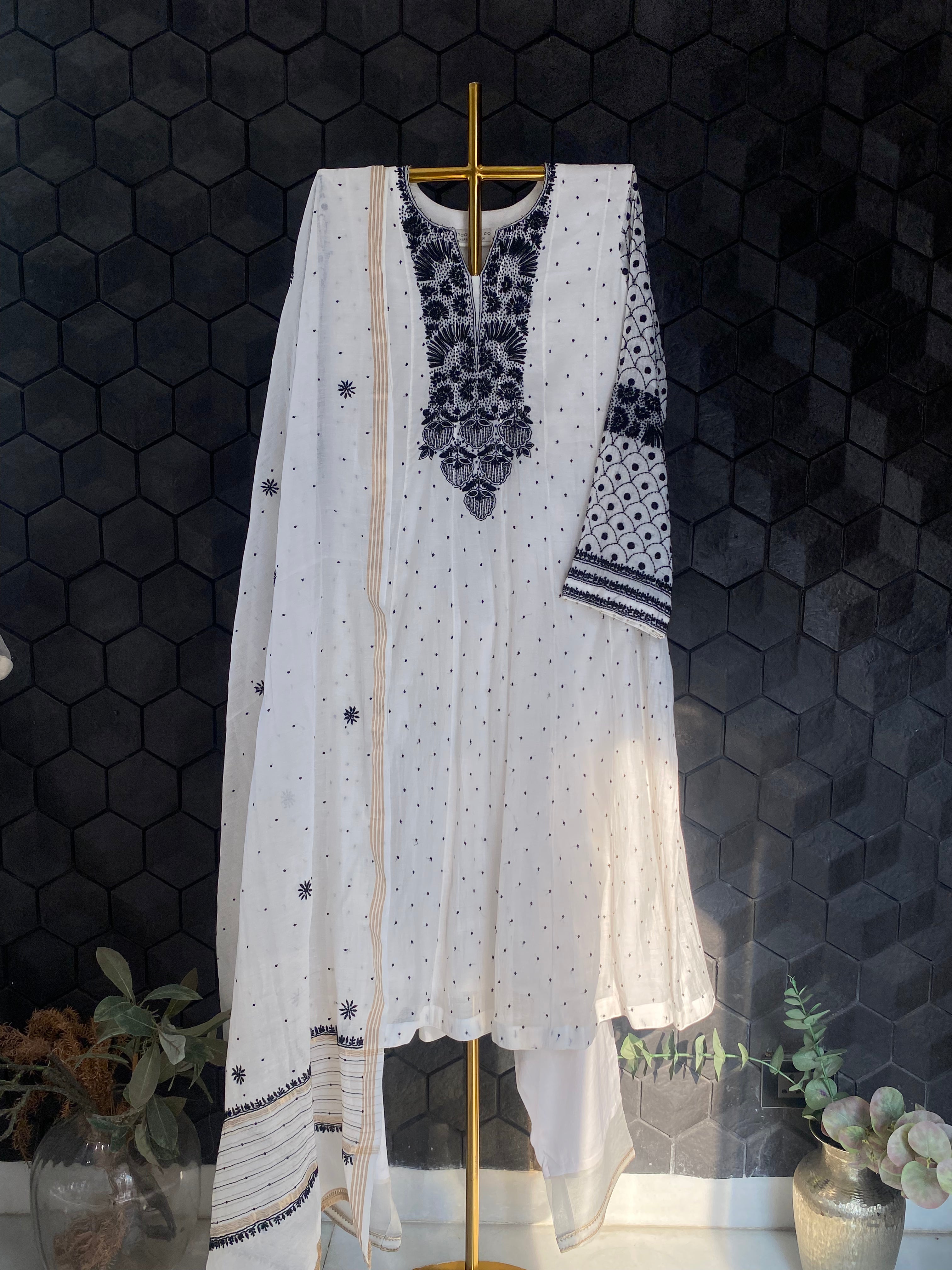 White And Black Mul Chanderi Chikankari Anarkali Set