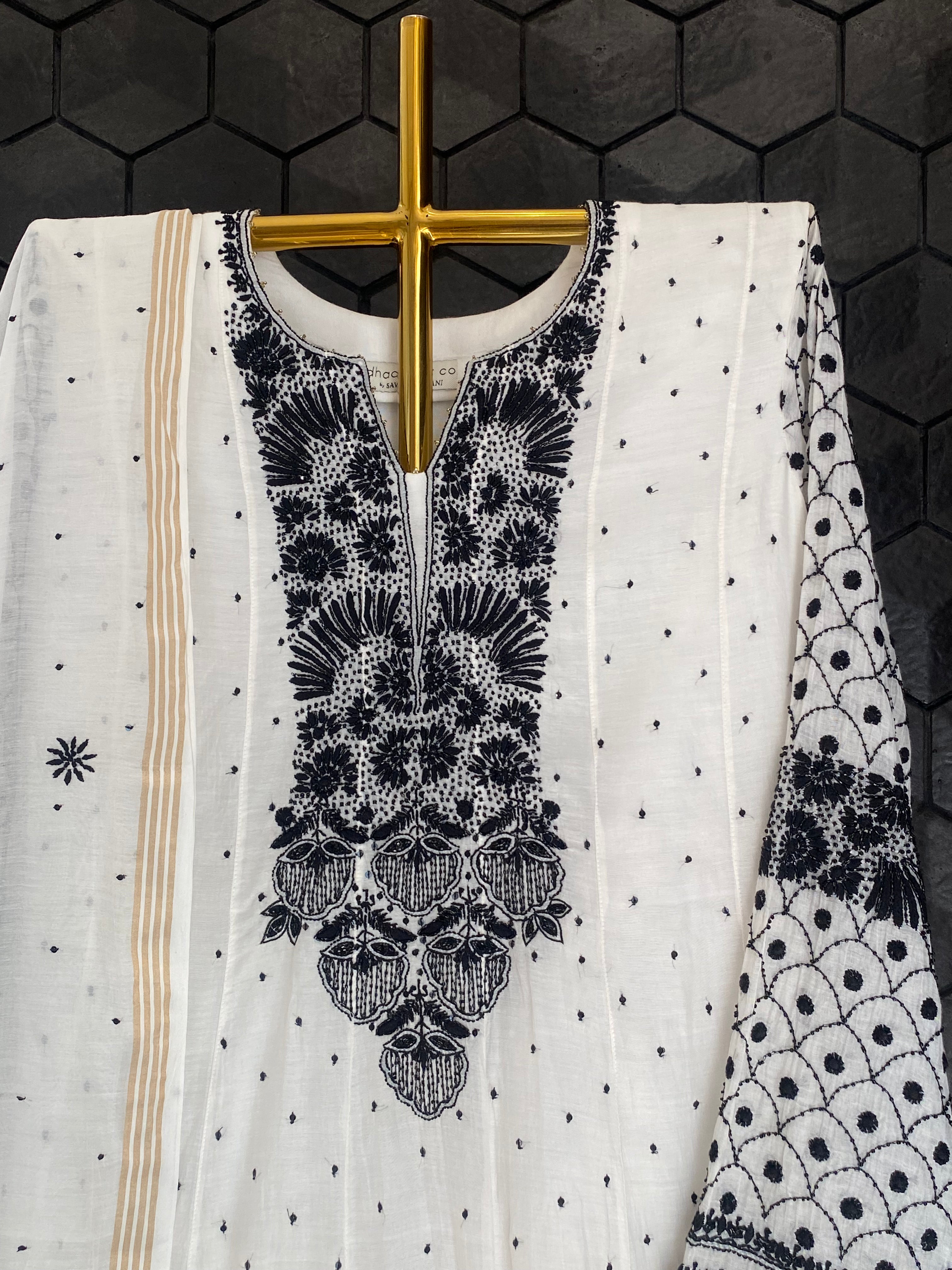 White And Black Mul Chanderi Chikankari Anarkali Set