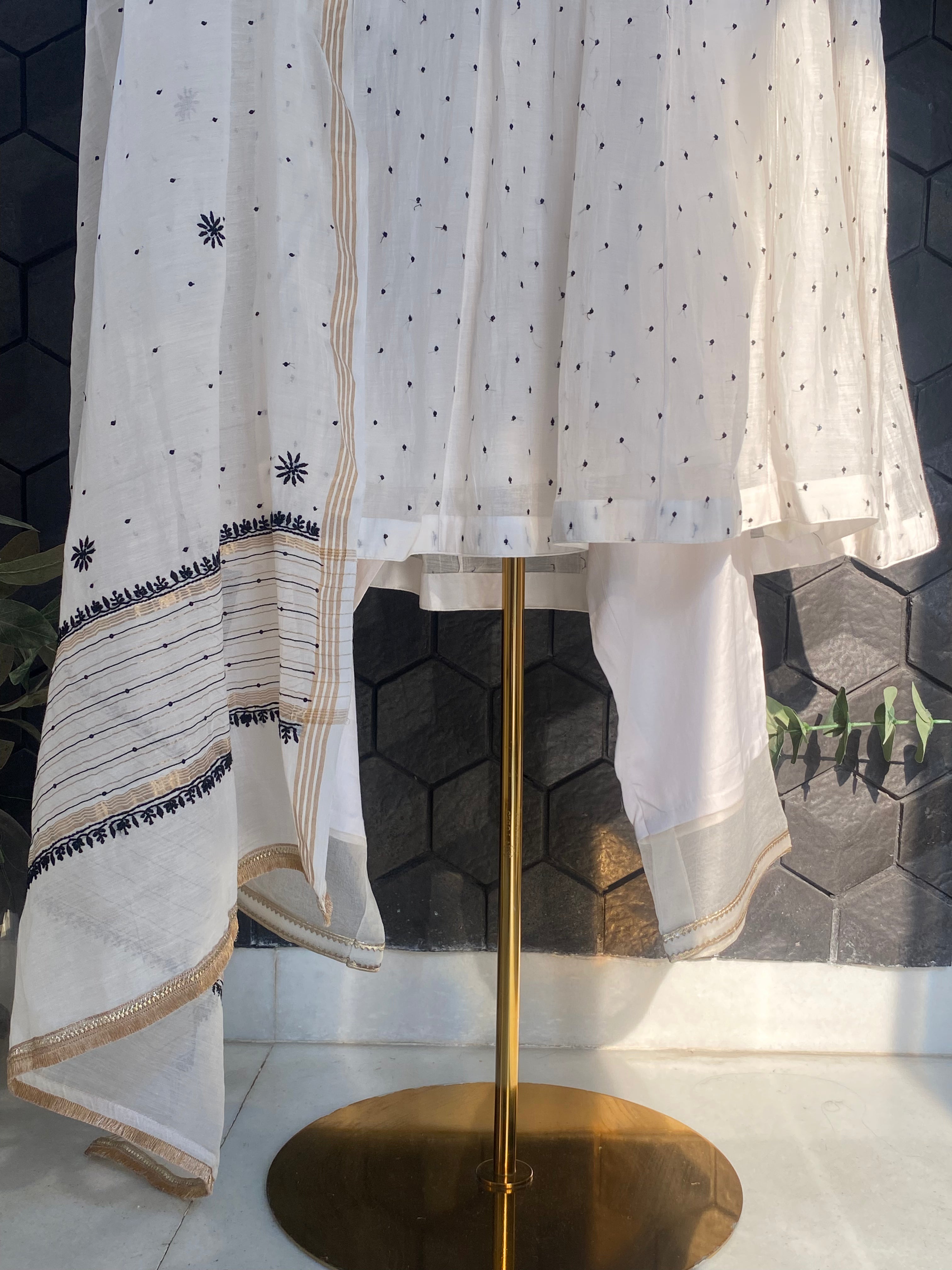 White And Black Mul Chanderi Chikankari Anarkali Set
