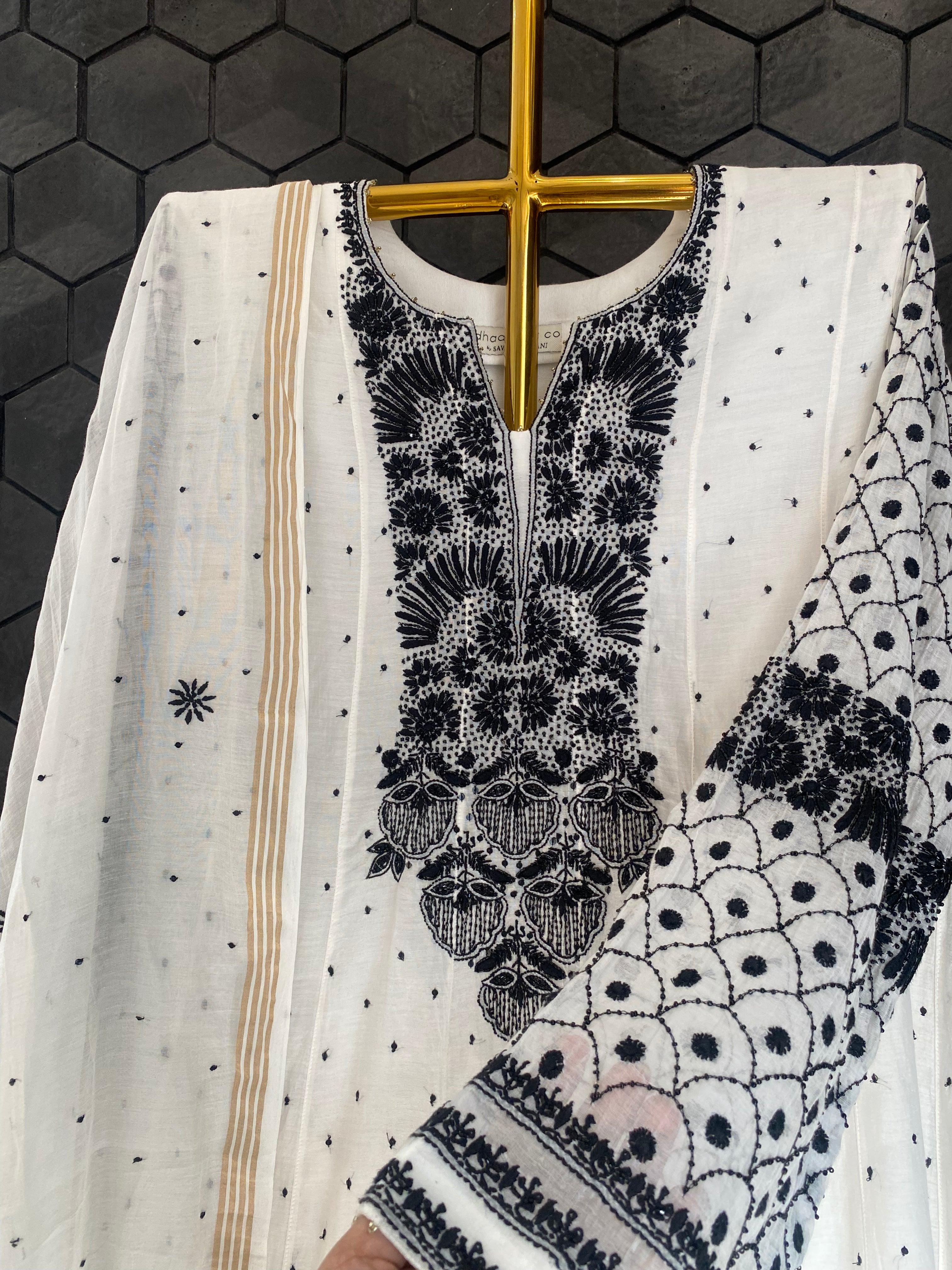 White And Black Mul Chanderi Chikankari Anarkali Set