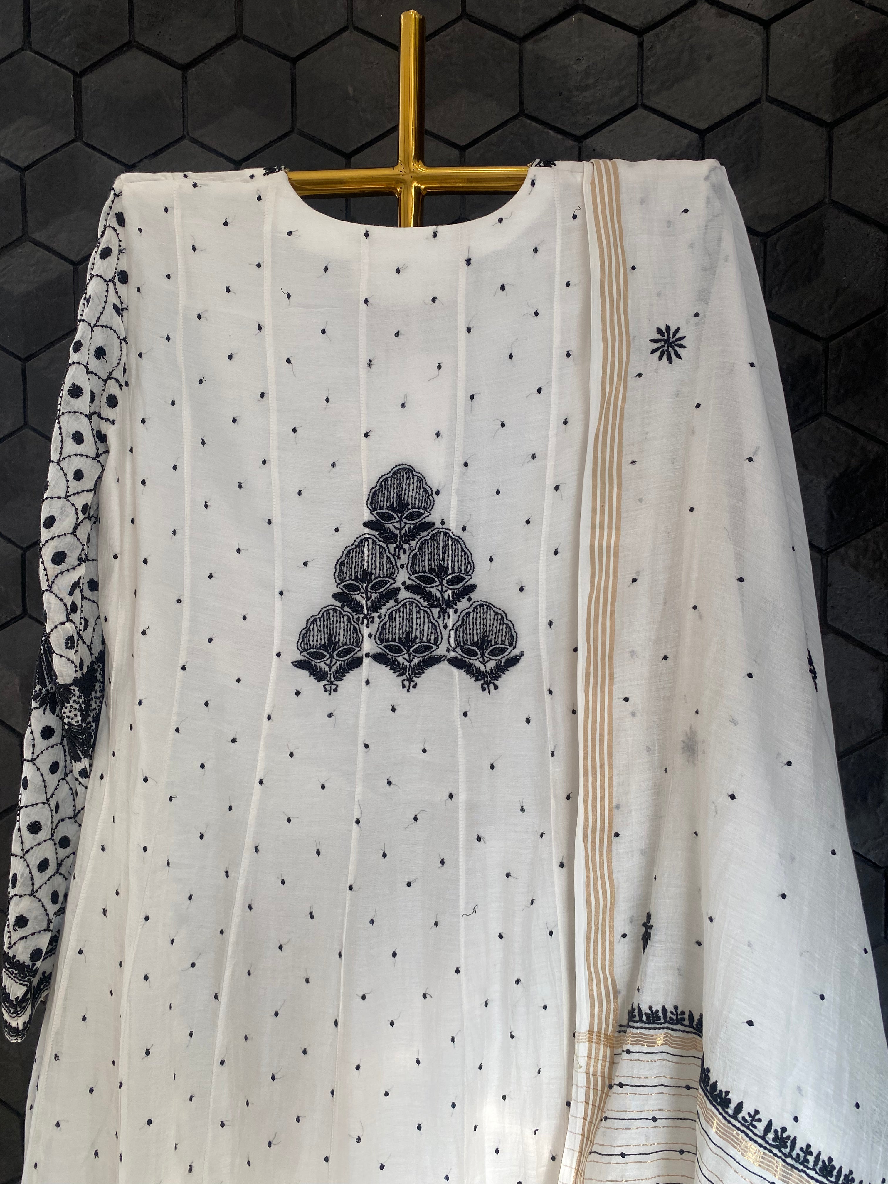 White And Black Mul Chanderi Chikankari Anarkali Set