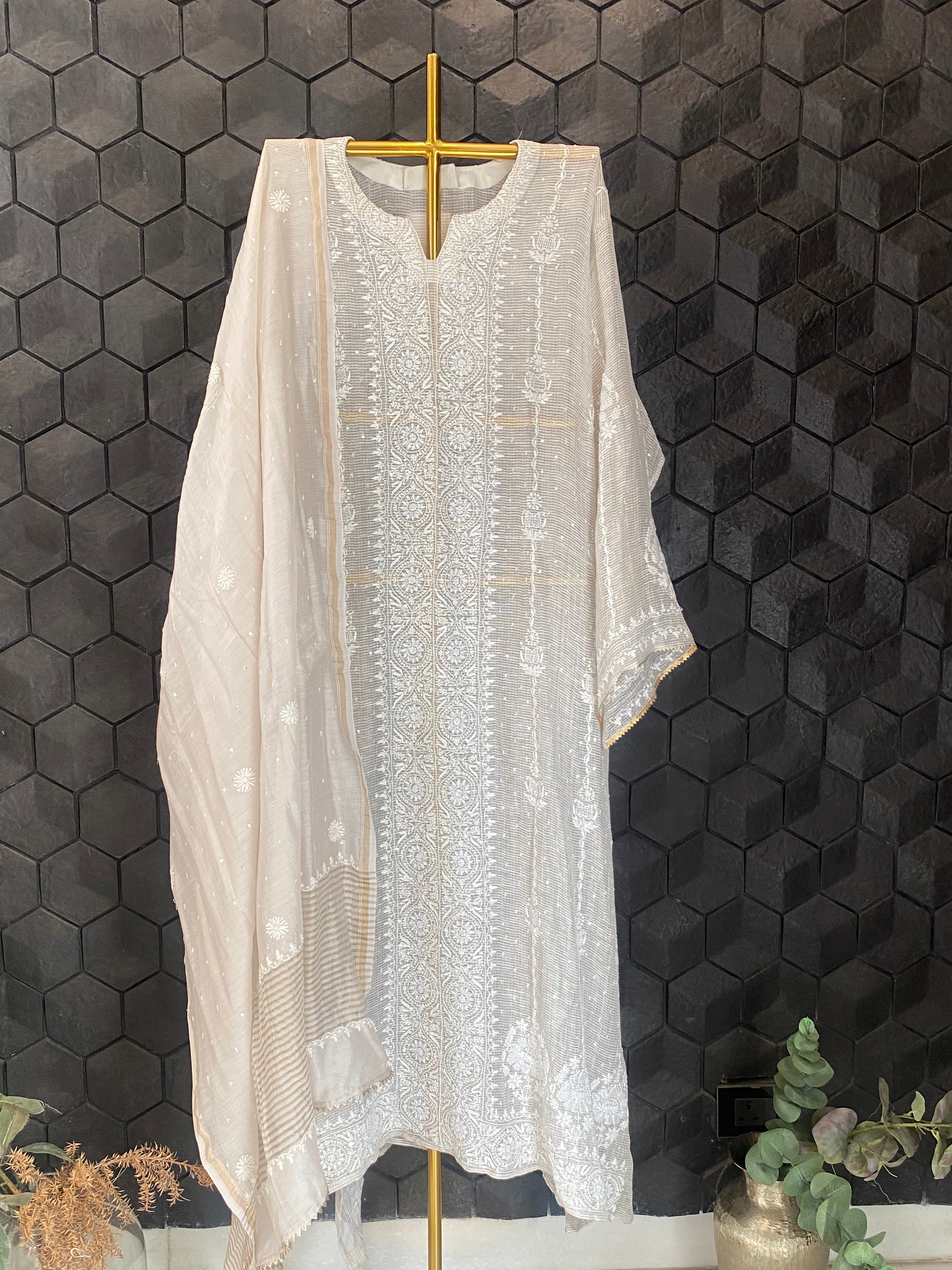 Silver Tissue Kota Chikankari Kurta Set