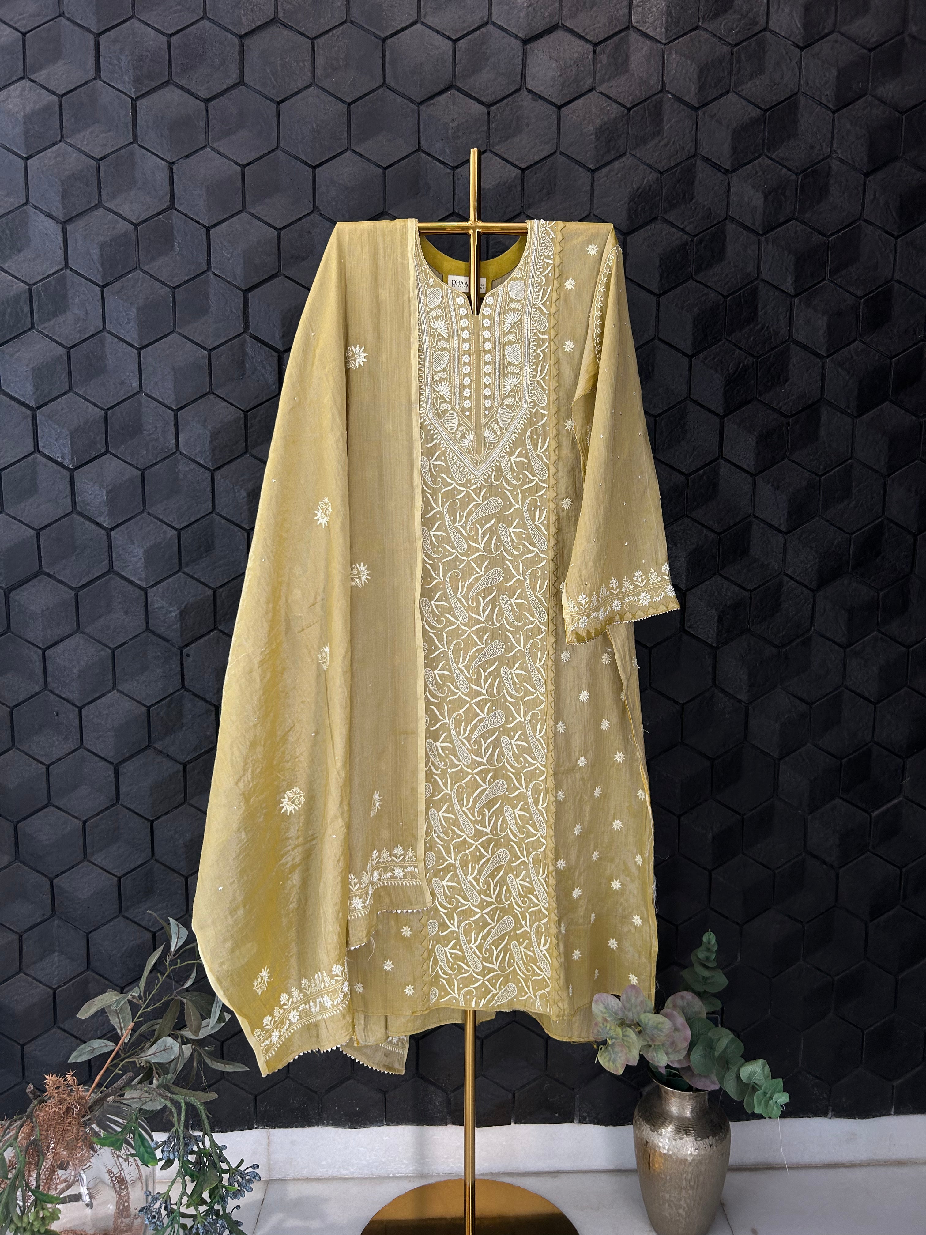 Green Silver Tissue Chikankari Kurta Set