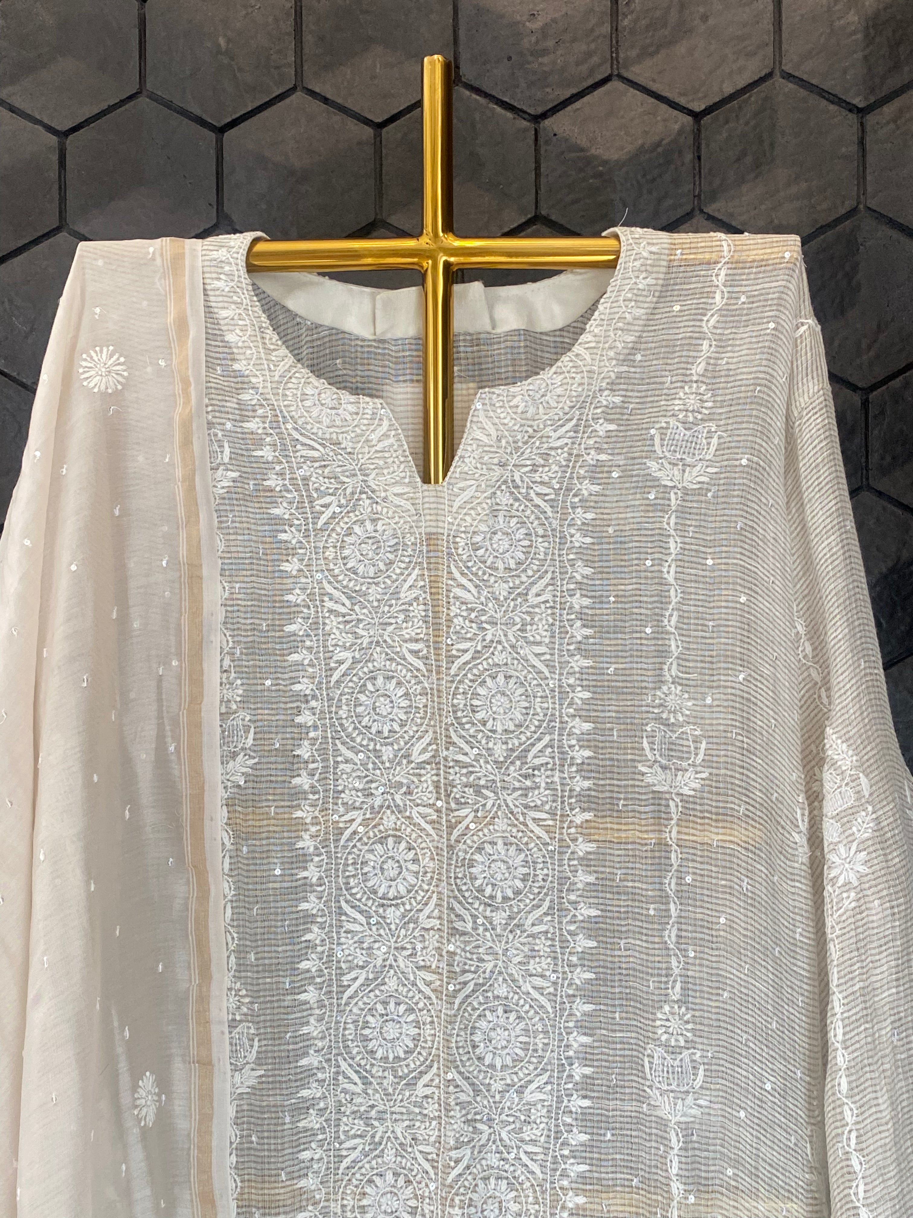 Silver Tissue Kota Chikankari Kurta Set