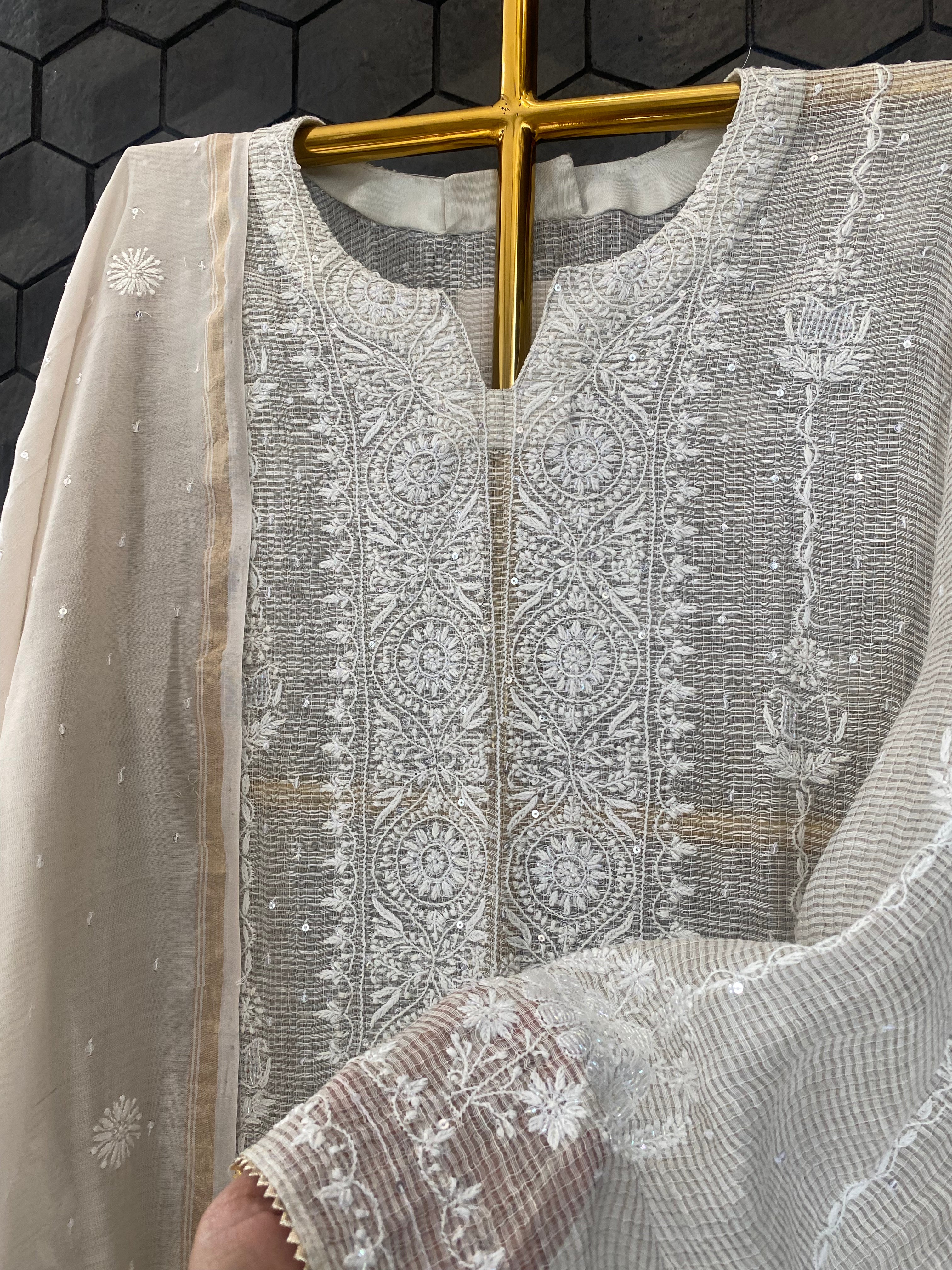 Silver Tissue Kota Chikankari Kurta Set
