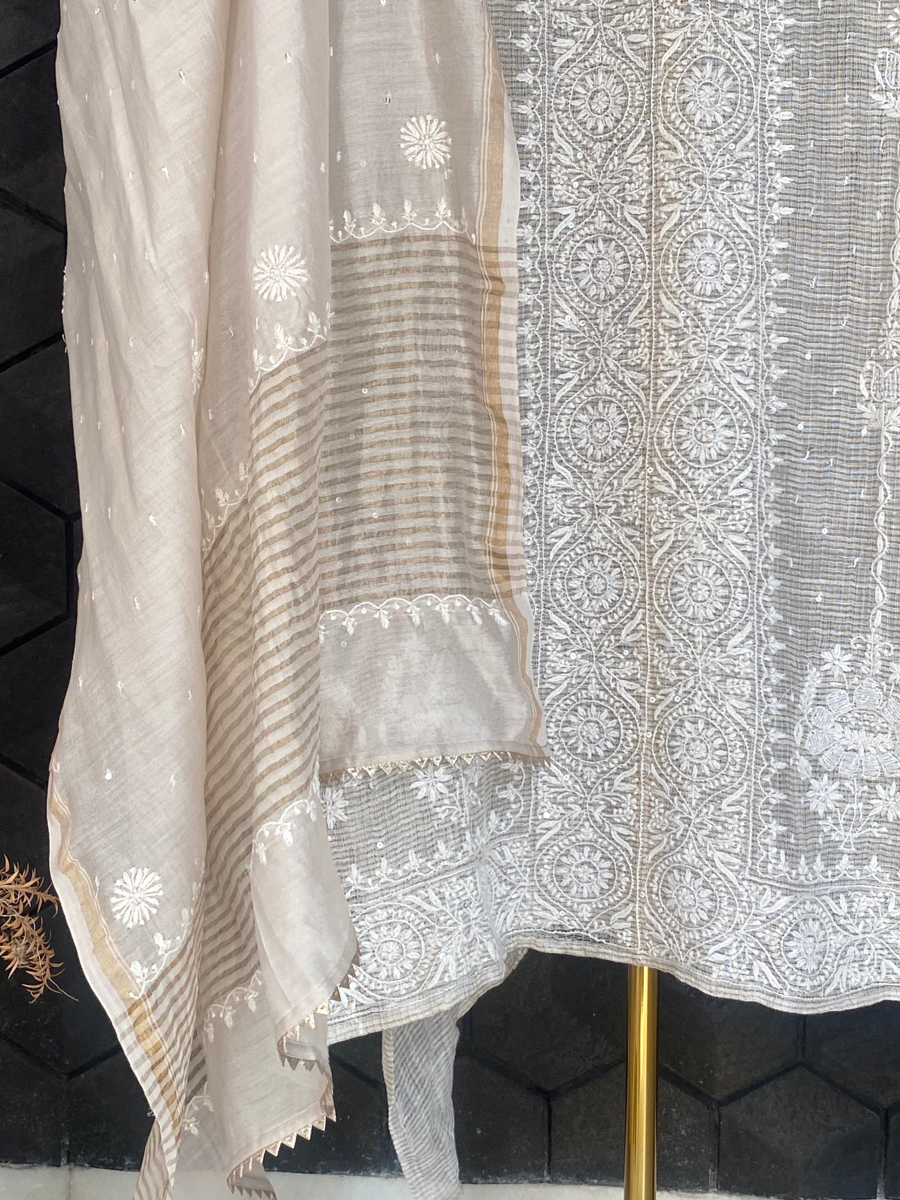 Silver Tissue Kota Chikankari Kurta Set