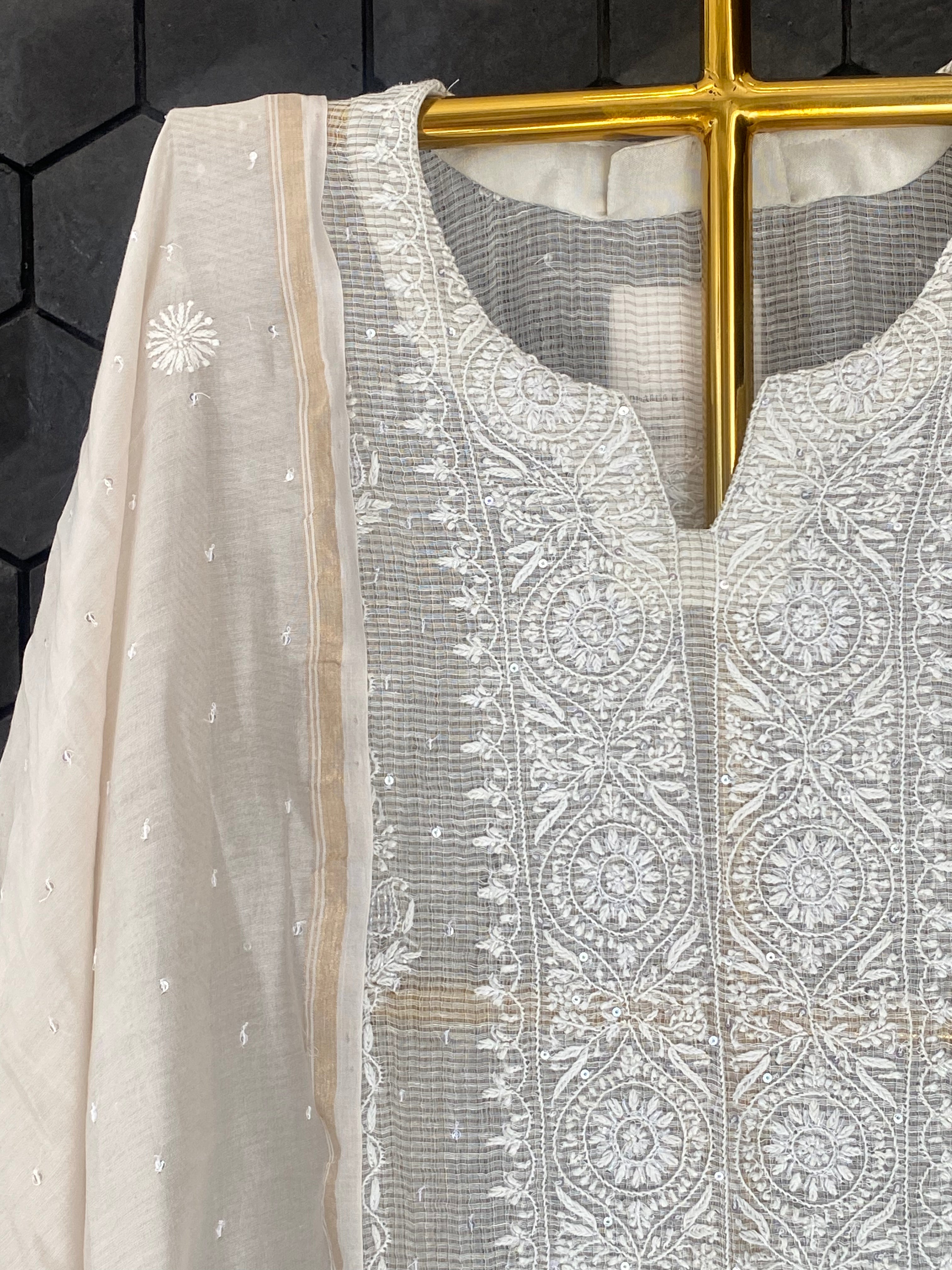 Silver Tissue Kota Chikankari Kurta Set