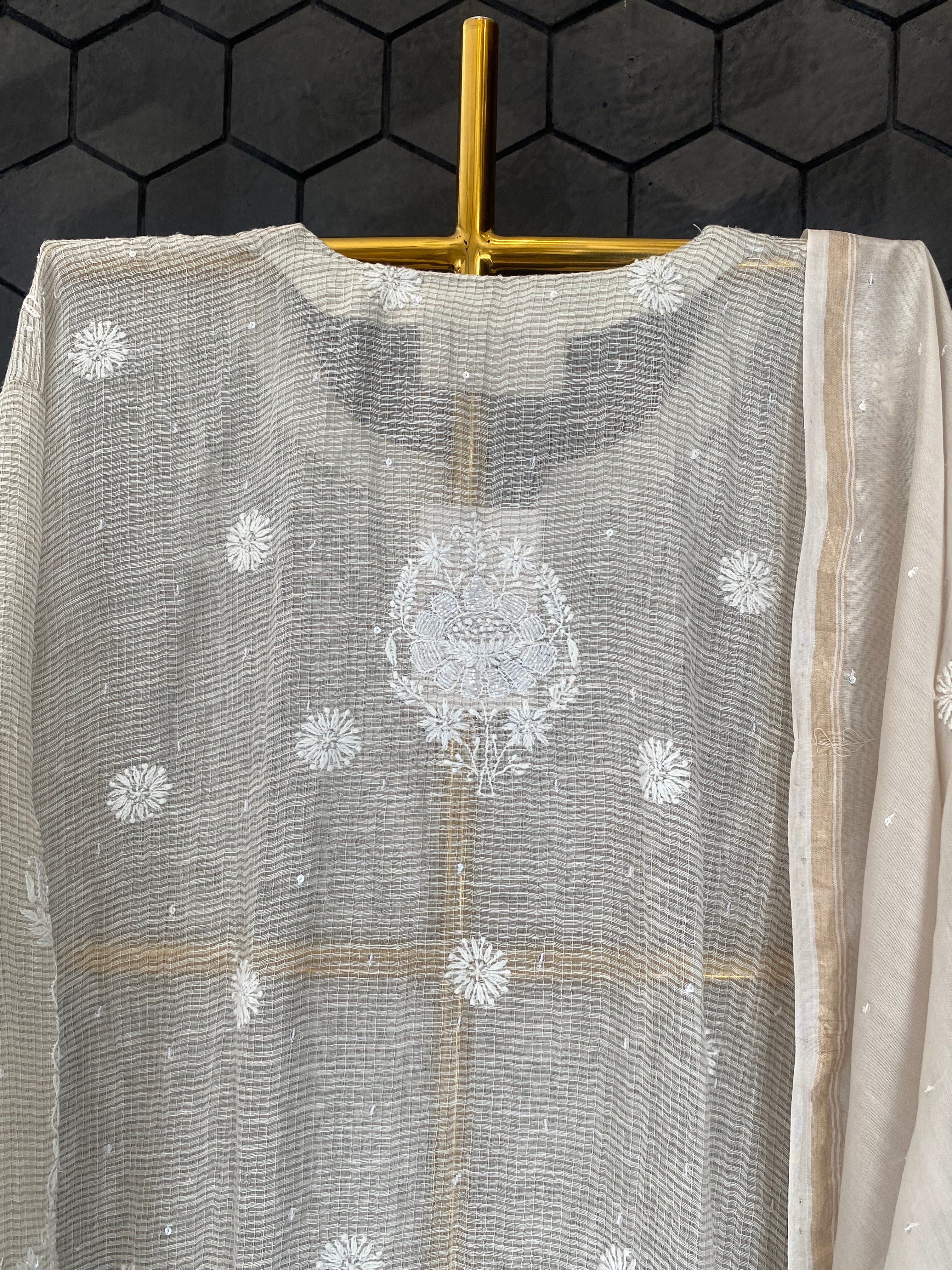 Silver Tissue Kota Chikankari Kurta Set