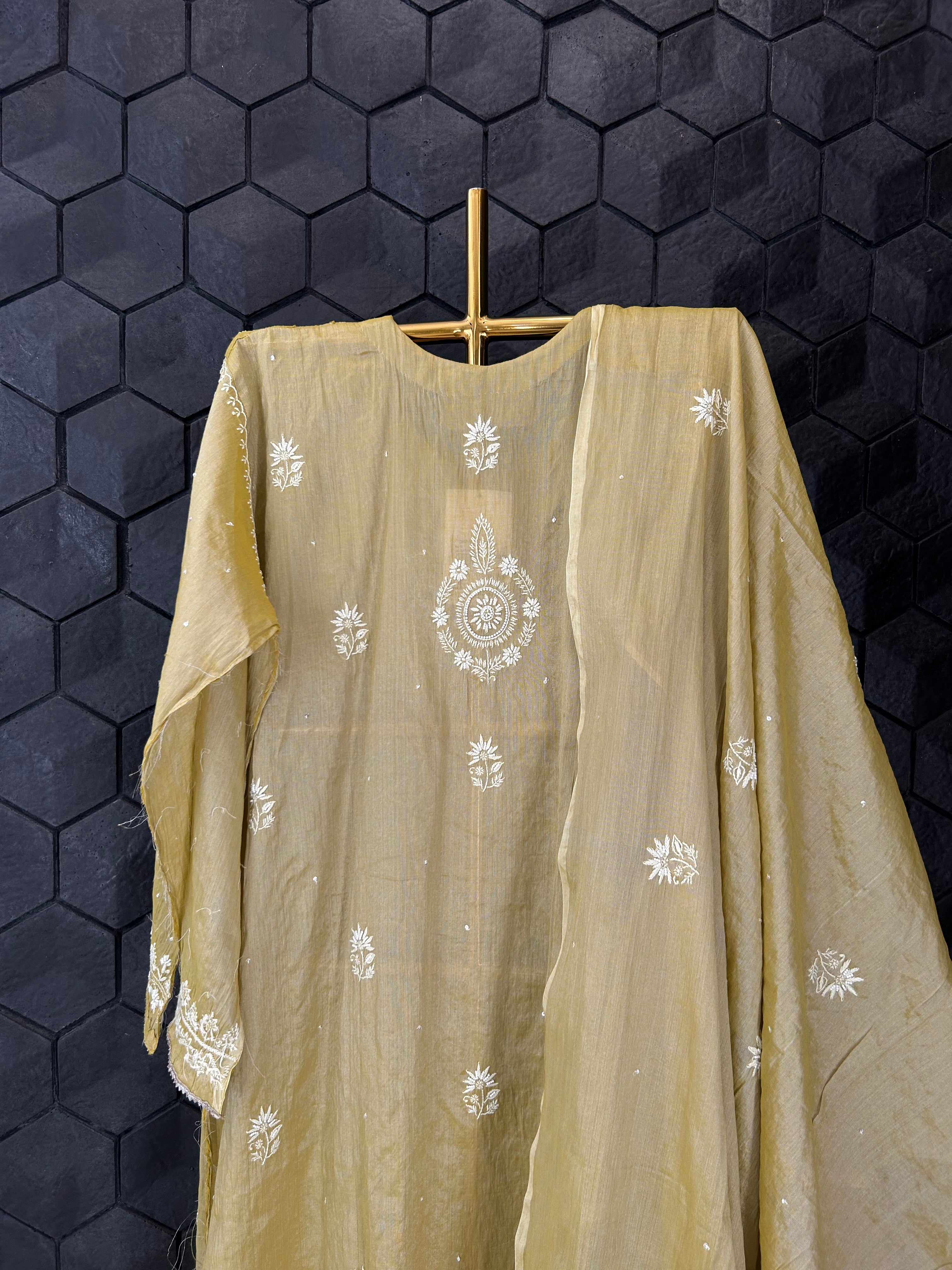 Green Silver Tissue Chikankari Kurta Set