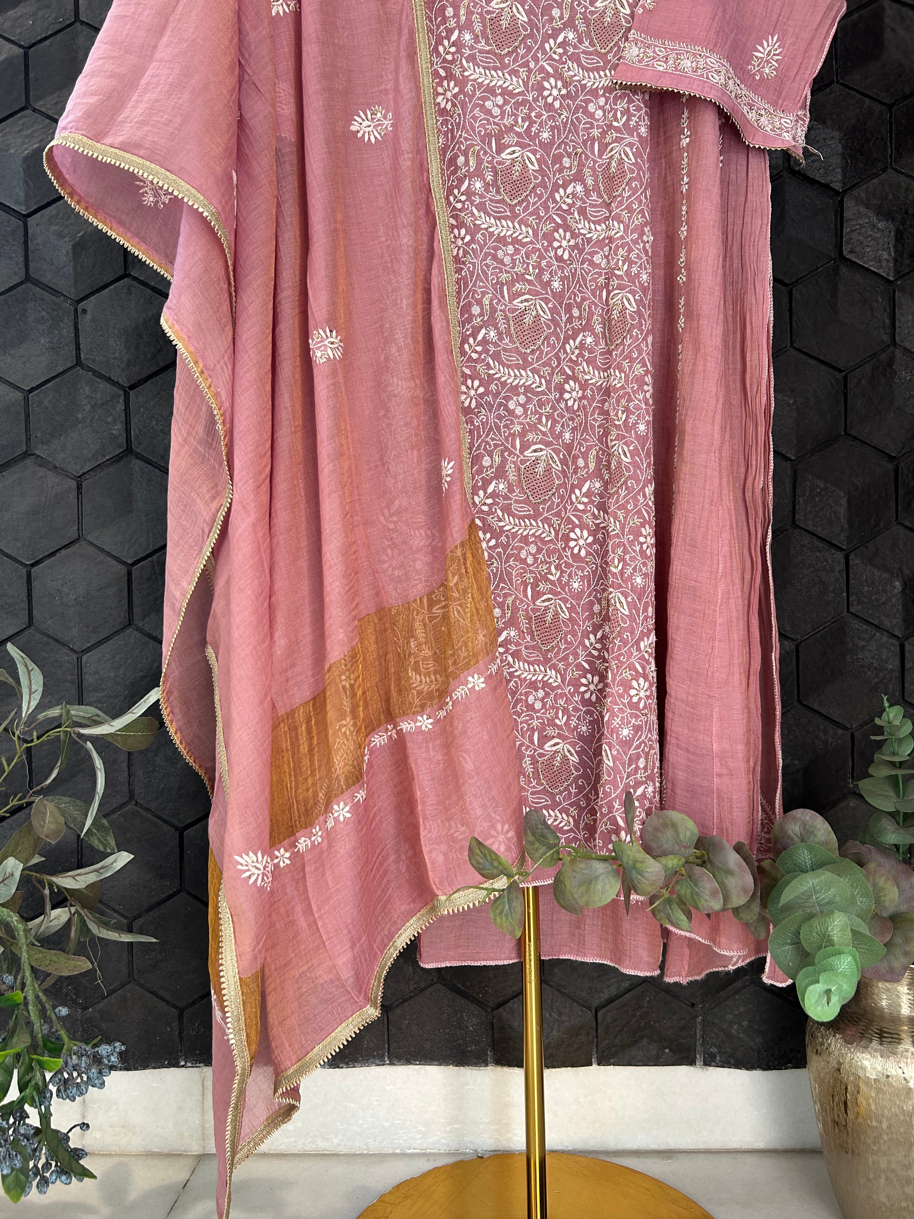 Pink Golden Tissue Chikankari Kurta Set