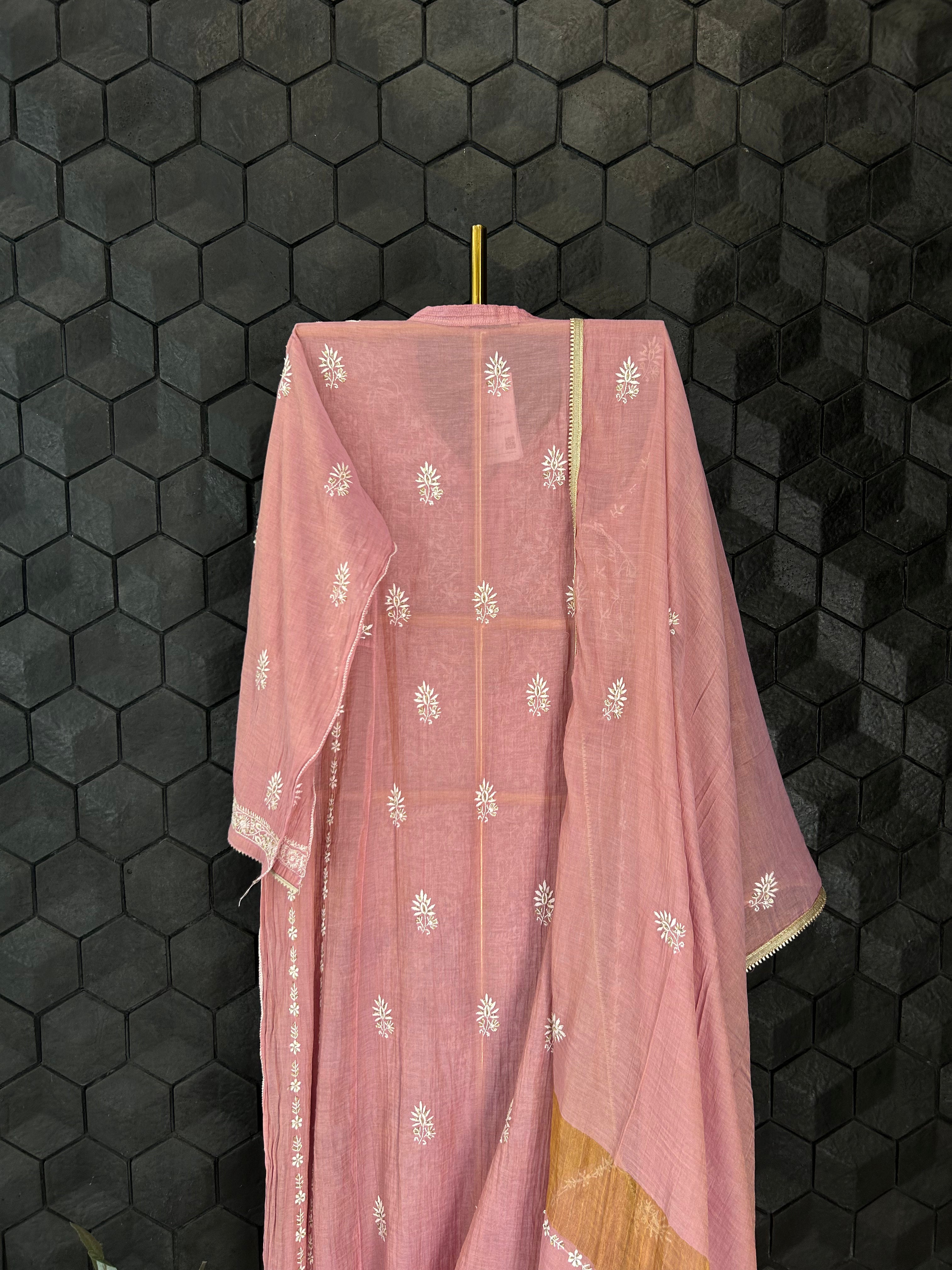 Pink Golden Tissue Chikankari Kurta Set