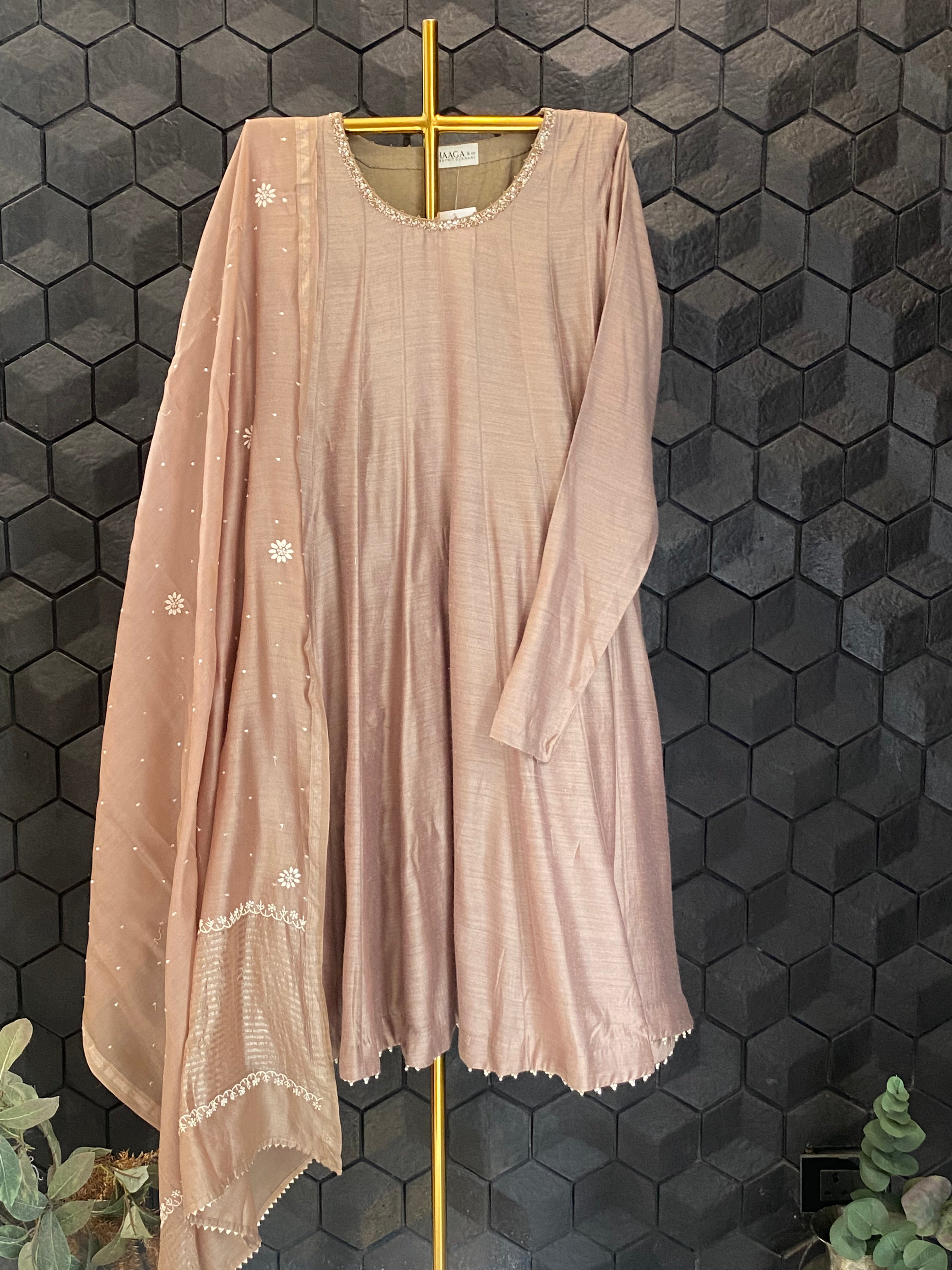 Brown Moonga Silk Chikankari Anarkali Set