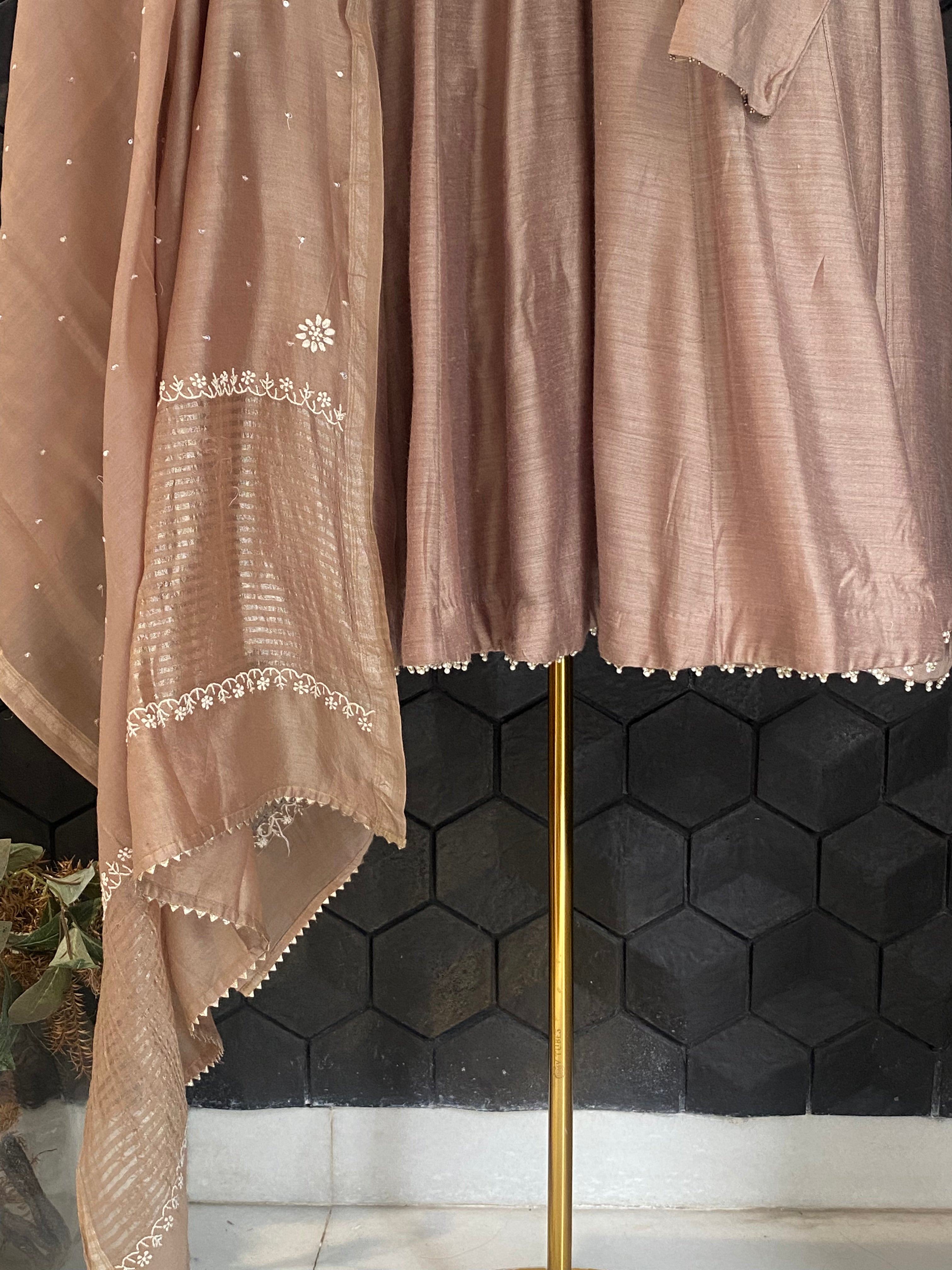 Brown Moonga Silk Chikankari Anarkali Set